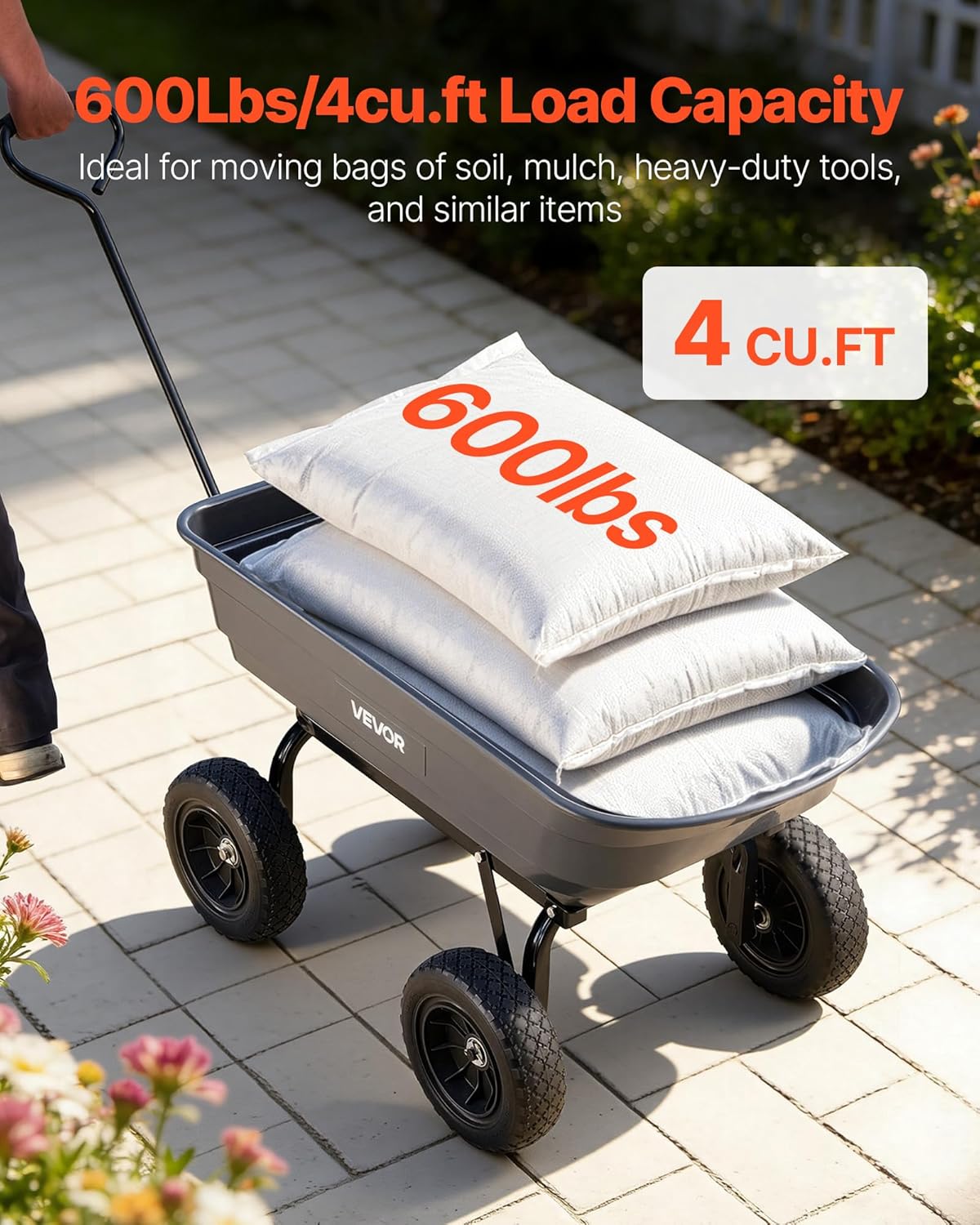 VEVOR 4 Cu.Ft 600LBS Poly Garden Cart Dump Wagon, 4 Wheel Heavy Duty Wheelbarrow with 10" Flat Free Tires, Yard Cart Dump Wagon with Quick-Release System VEVOR 4 Cu.Ft 600LBS Poly Garden Cart Dump Wagon, 4 Wheel Heavy Duty Wheelbarrow with 10" Flat Free Tires, Yard Cart Dump Wagon with Quick-Release System - Image 2