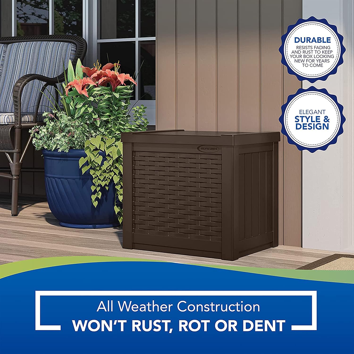 Suncast Small Outdoor Storage Box - 22 Gallon Java Resin Outdoor Deck Box, Flat-Lid Bench Seating, Patio Storage Bin Container for Organizing Tools, Cushions for Porch, Deck, Pool, & Garden Suncast Small Outdoor Storage Box - 22 Gallon Java Resin Outdoor Deck Box, Flat-Lid Bench Seating, Patio Storage Bin Container for Organizing Tools, Cushions for Porch, Deck, Pool, & Garden - Image 8