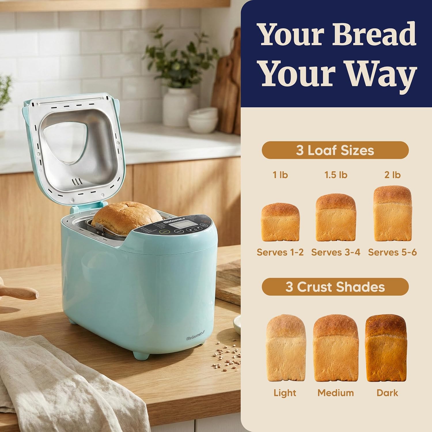 Elite Gourmet Programmable Bread Maker, 2 Lb, 3 Sizes, 19 Presets, Mint | Features Gluten-Free, Dough and Jam Presets Plus a Delay Timer Elite Gourmet Programmable Bread Maker, 2 Lb, 3 Sizes, 19 Presets, Mint | Features Gluten-Free, Dough and Jam Presets Plus a Delay Timer - Image 5