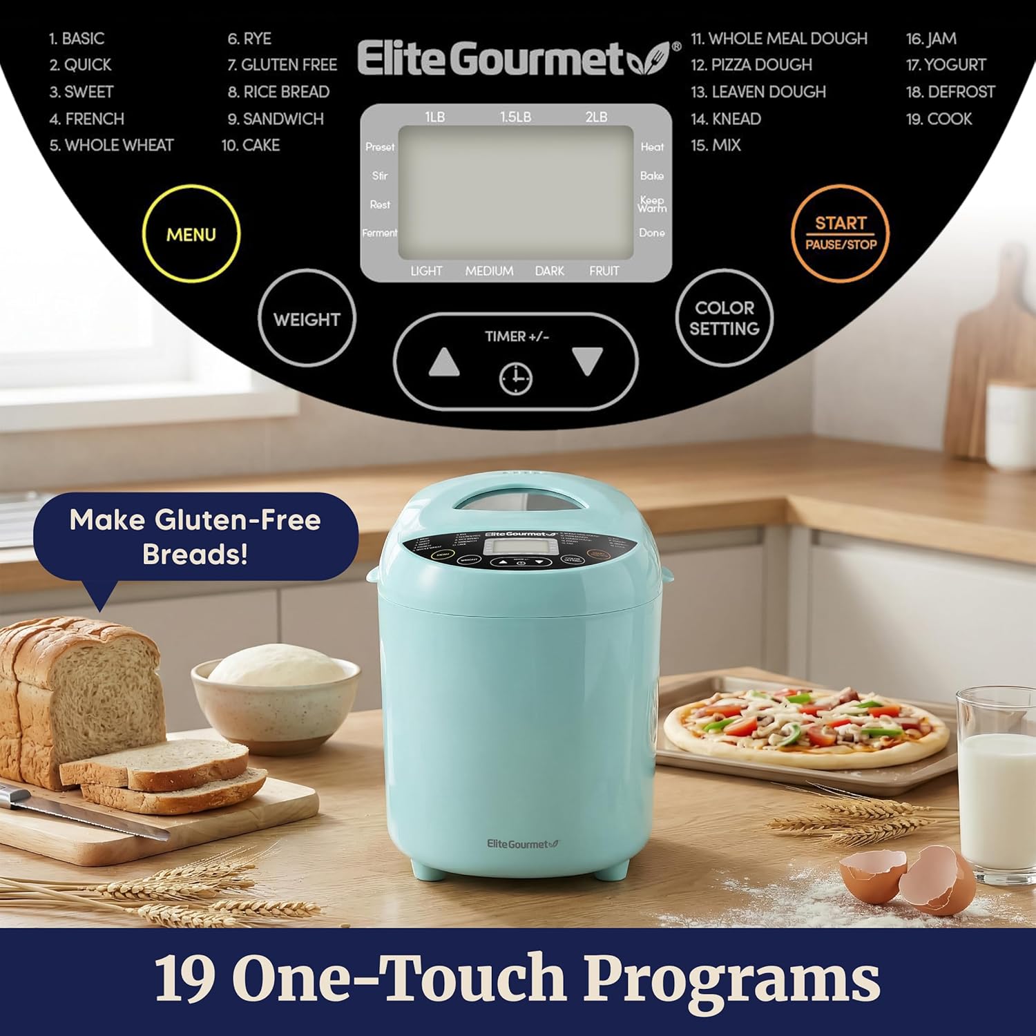 Elite Gourmet Programmable Bread Maker, 2 Lb, 3 Sizes, 19 Presets, Mint | Features Gluten-Free, Dough and Jam Presets Plus a Delay Timer Elite Gourmet Programmable Bread Maker, 2 Lb, 3 Sizes, 19 Presets, Mint | Features Gluten-Free, Dough and Jam Presets Plus a Delay Timer - Image 4