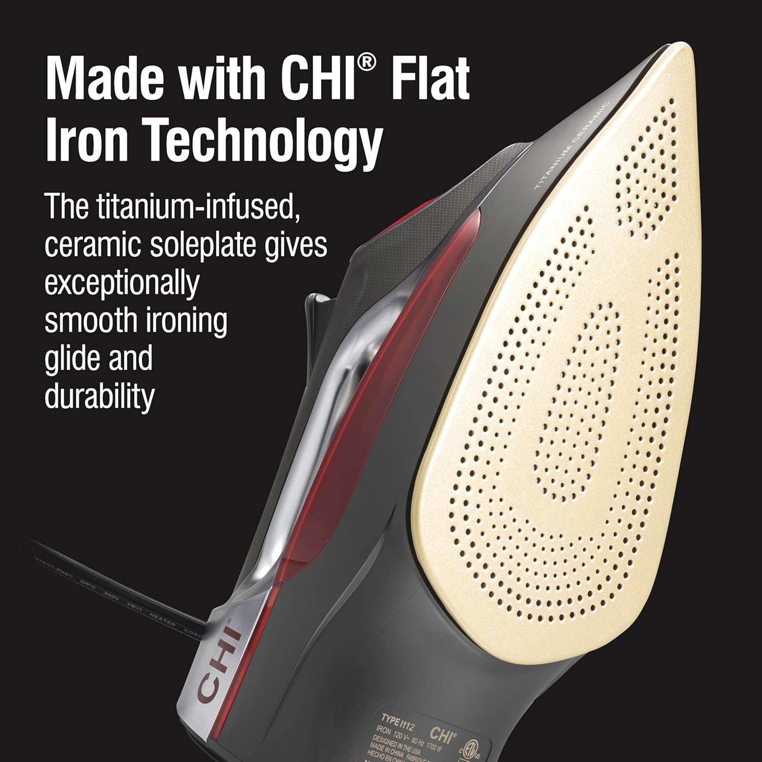 CHI Steam Iron for Clothes with Vertical Steam Burst, Professional Grade, Titanium Ceramic Soleplate, 400+ Steam Holes, 1700 Watts, 3-Way Auto Shutoff, 8' Cord CHI Steam Iron for Clothes with Vertical Steam Burst, Professional Grade, Titanium Ceramic Soleplate, 400+ Steam Holes, 1700 Watts, 3-Way Auto Shutoff, 8' Cord - Image 2
