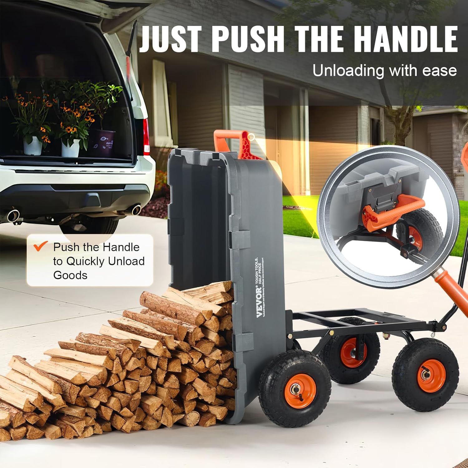 VEVOR 800lbs Poly Dump Garden Cart, Heavy Duty Yard Dump Cart Wagon, 4 Wheel Wheelbarrow with 10in Tires, 180°Rotating Handle, Steel Frame and Quick Release System VEVOR 800lbs Poly Dump Garden Cart, Heavy Duty Yard Dump Cart Wagon, 4 Wheel Wheelbarrow with 10in Tires, 180°Rotating Handle, Steel Frame and Quick Release System - Image 4