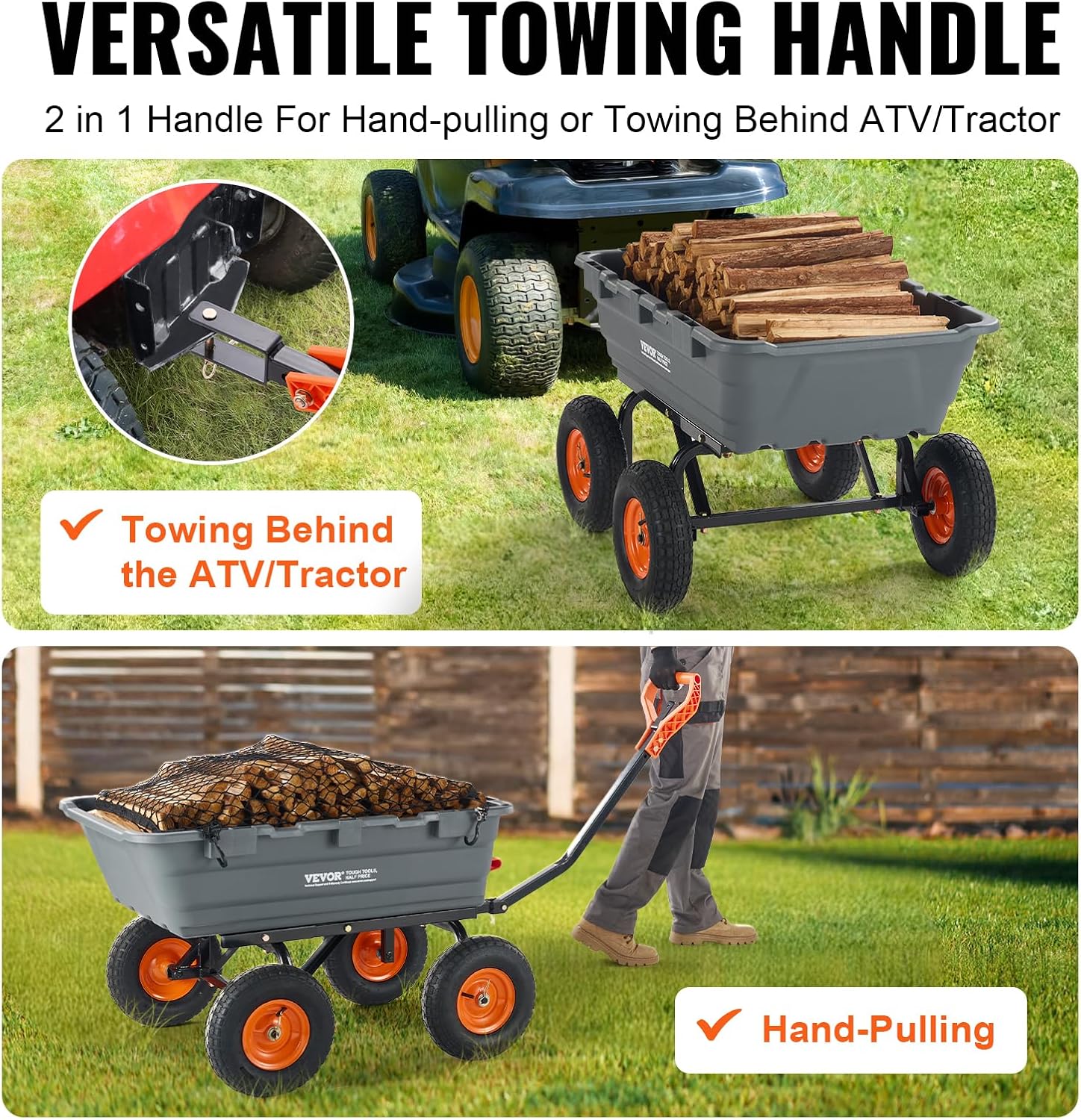 VEVOR Heavy Duty 1200lbs 7 Cu.Ft Wheelbarrow Garden Dump Cart Wagon | 2-in-1 Convertible Handle to Trailer For ATV Mower Tractor, 13in All Terrain Wheels VEVOR Heavy Duty 1200lbs 7 Cu.Ft Wheelbarrow Garden Dump Cart Wagon | 2-in-1 Convertible Handle to Trailer For ATV Mower Tractor, 13in All Terrain Wheels - Image 3