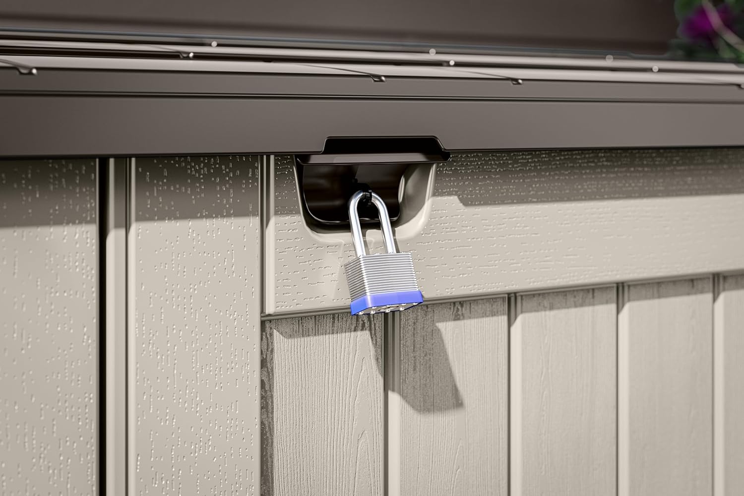 Suncast 5.9 ft. x 3.7 ft Horizontal Stow-Away Storage Shed - Natural Wood-Like Outdoor Storage for Trash Cans and Yard Tools - All-Weather Resin, Hinged Lid, Reinforced Floor - Made in the USA Suncast 5.9 ft. x 3.7 ft Horizontal Stow-Away Storage Shed - Natural Wood-Like Outdoor Storage for Trash Cans and Yard Tools - All-Weather Resin, Hinged Lid, Reinforced Floor - Made in the USA - Image 4