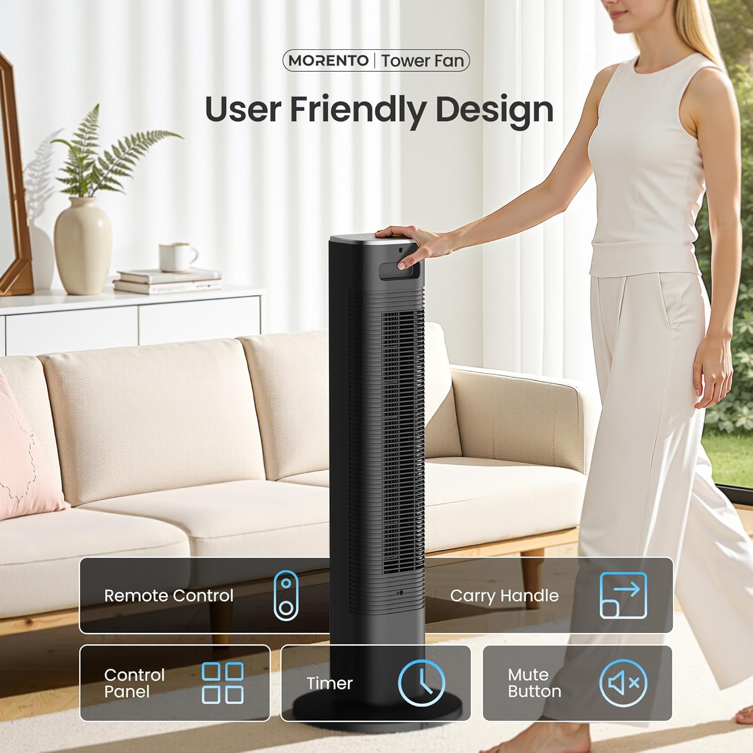 MORENTO Tower Fan for Bedroom, 36" Smart Standing Fan with WiFi APP Voice Control, 4 Modes 4 Speeds, 90° Oscillating, 12H Timer & 25dB Ultra Quiet Safe Bladeless Floor Fan with Remote, Black, 1 Pack MORENTO Tower Fan for Bedroom, 36" Smart Standing Fan with WiFi APP Voice Control, 4 Modes 4 Speeds, 90° Oscillating, 12H Timer & 25dB Ultra Quiet Safe Bladeless Floor Fan with Remote, Black, 1 Pack - Image 7