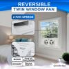 Comfort Zone Twin Window Fan with Reversible Airflow Control, 9 inch, Auto-Locking Expanders, 2 Speed Fan, Dual Fan, Exhaust, Airflow 9.84 ft/sec, Ideal for Home, Kitchen, Bedroom & Office, CZ319WT Comfort Zone Twin Window Fan with Reversible Airflow Control, 9 inch, Auto-Locking Expanders, 2 Speed Fan, Dual Fan, Exhaust, Airflow 9.84 ft/sec, Ideal for Home, Kitchen, Bedroom & Office, CZ319WT