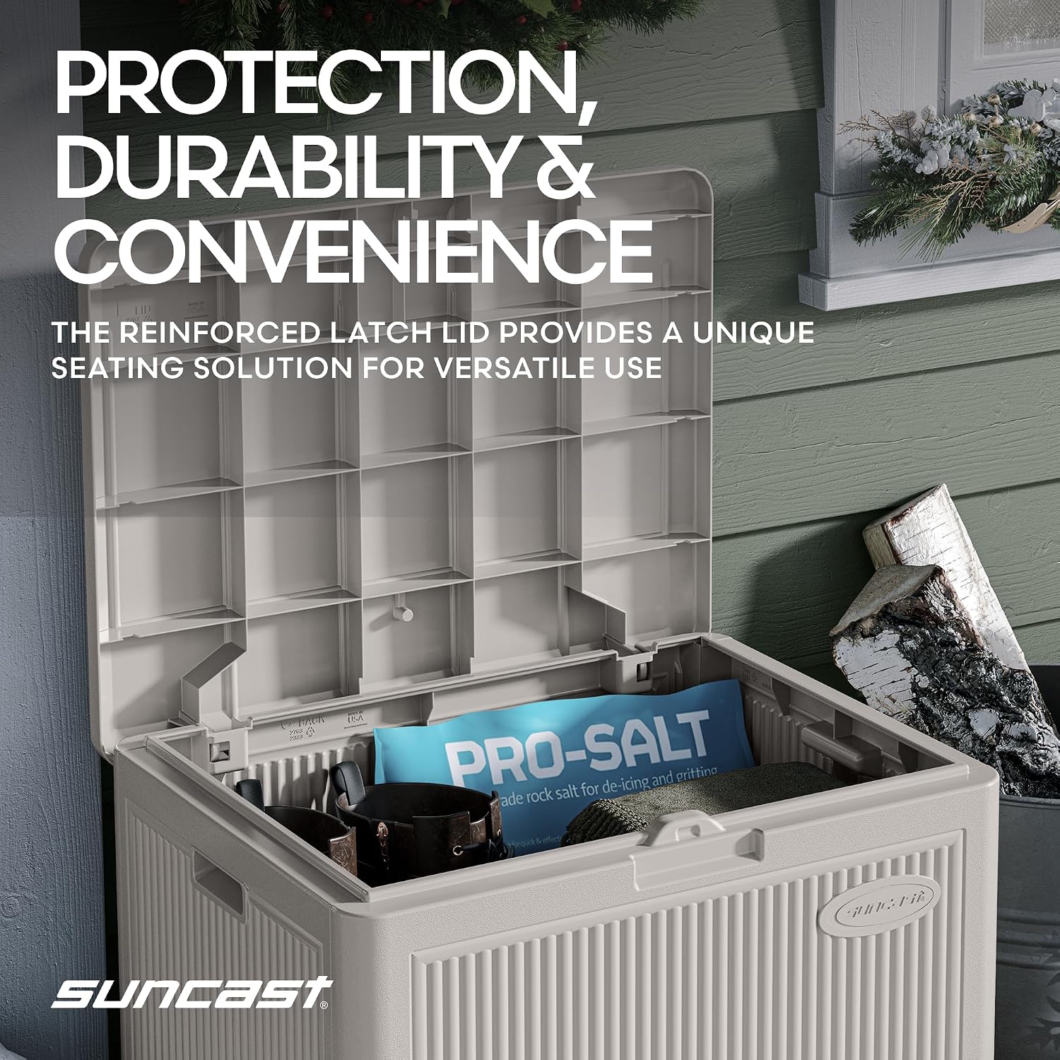 Suncast 22-Gal. Resin Small Outdoor Patio Deck Box with Reeded Design, Modern Outdoor Patio Bench/Storage Box for Cushions, Garden Tools, and More, French Gray Suncast 22-Gal. Resin Small Outdoor Patio Deck Box with Reeded Design, Modern Outdoor Patio Bench/Storage Box for Cushions, Garden Tools, and More, French Gray - Image 5