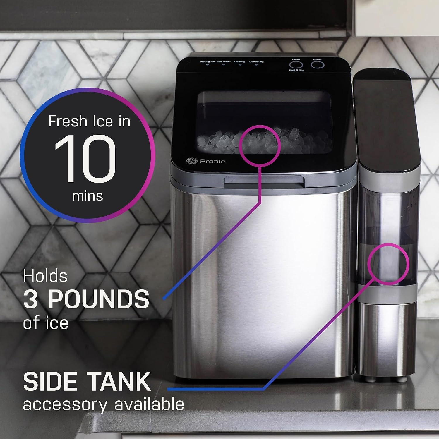 GE Profile Opal 1.0 Countertop Nugget Ice Maker | Chewable nugget ice, 34 lbs/day, First batch in 10 min, 3 lb bin, Flip-top lid, .5 Gallon Built-in Tank, Stainless Steel GE Profile Opal 1.0 Countertop Nugget Ice Maker | Chewable nugget ice, 34 lbs/day, First batch in 10 min, 3 lb bin, Flip-top lid, .5 Gallon Built-in Tank, Stainless Steel - Image 2