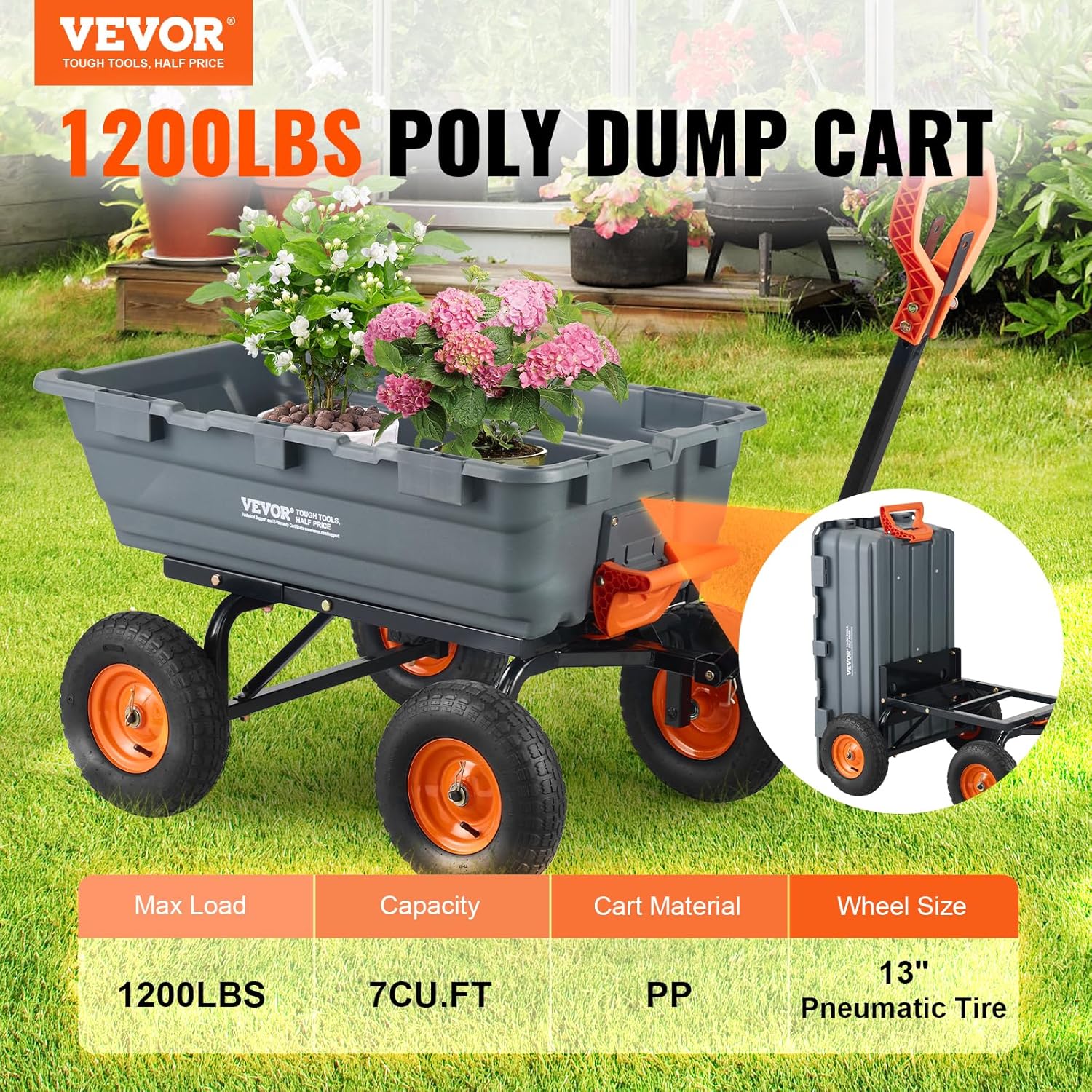 VEVOR Heavy Duty 1200lbs 7 Cu.Ft Wheelbarrow Garden Dump Cart Wagon | 2-in-1 Convertible Handle to Trailer For ATV Mower Tractor, 13in All Terrain Wheels VEVOR Heavy Duty 1200lbs 7 Cu.Ft Wheelbarrow Garden Dump Cart Wagon | 2-in-1 Convertible Handle to Trailer For ATV Mower Tractor, 13in All Terrain Wheels - Image 2