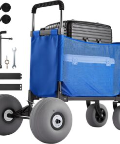 VEVOR Beach Cart, 165LBS Load Capacity, Portable Folding Beach Wagon Dolly with 12" Balloon Wheels for Sand, Storage Bag & 4-Level Adjustable Height for Outdoor Camping Fishing