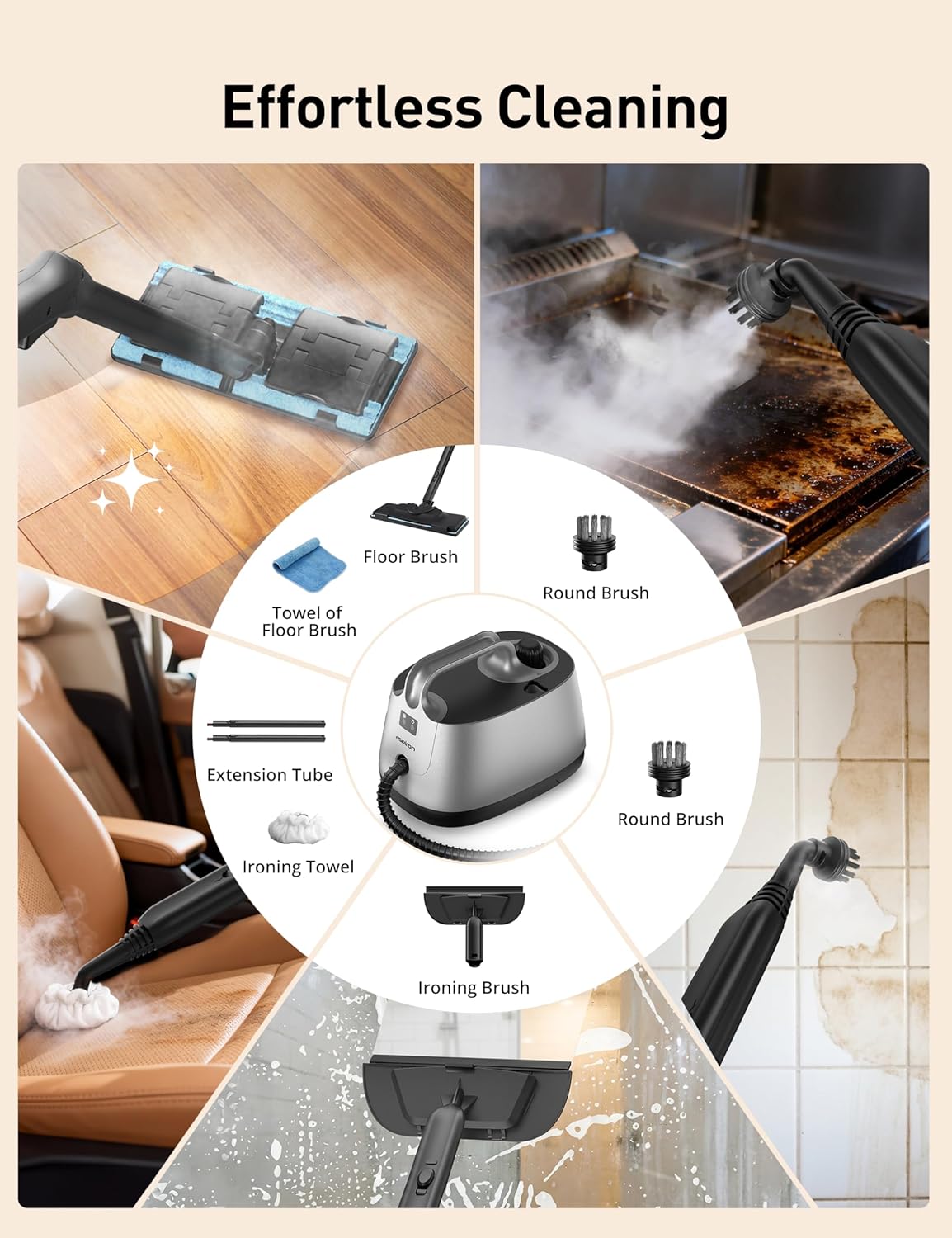 Steam Cleaner, 293°F 58 PSI Powerful Multipurpose Handheld Steam Mop for Home Use, 21 Attachments, 50Oz Capacity, Heavy Duty Steamer for Carpets, Floors, Cars, Tiles, Crack Cleaning, Moon Silver Steam Cleaner, 293°F 58 PSI Powerful Multipurpose Handheld Steam Mop for Home Use, 21 Attachments, 50Oz Capacity, Heavy Duty Steamer for Carpets, Floors, Cars, Tiles, Crack Cleaning, Moon Silver - Image 5