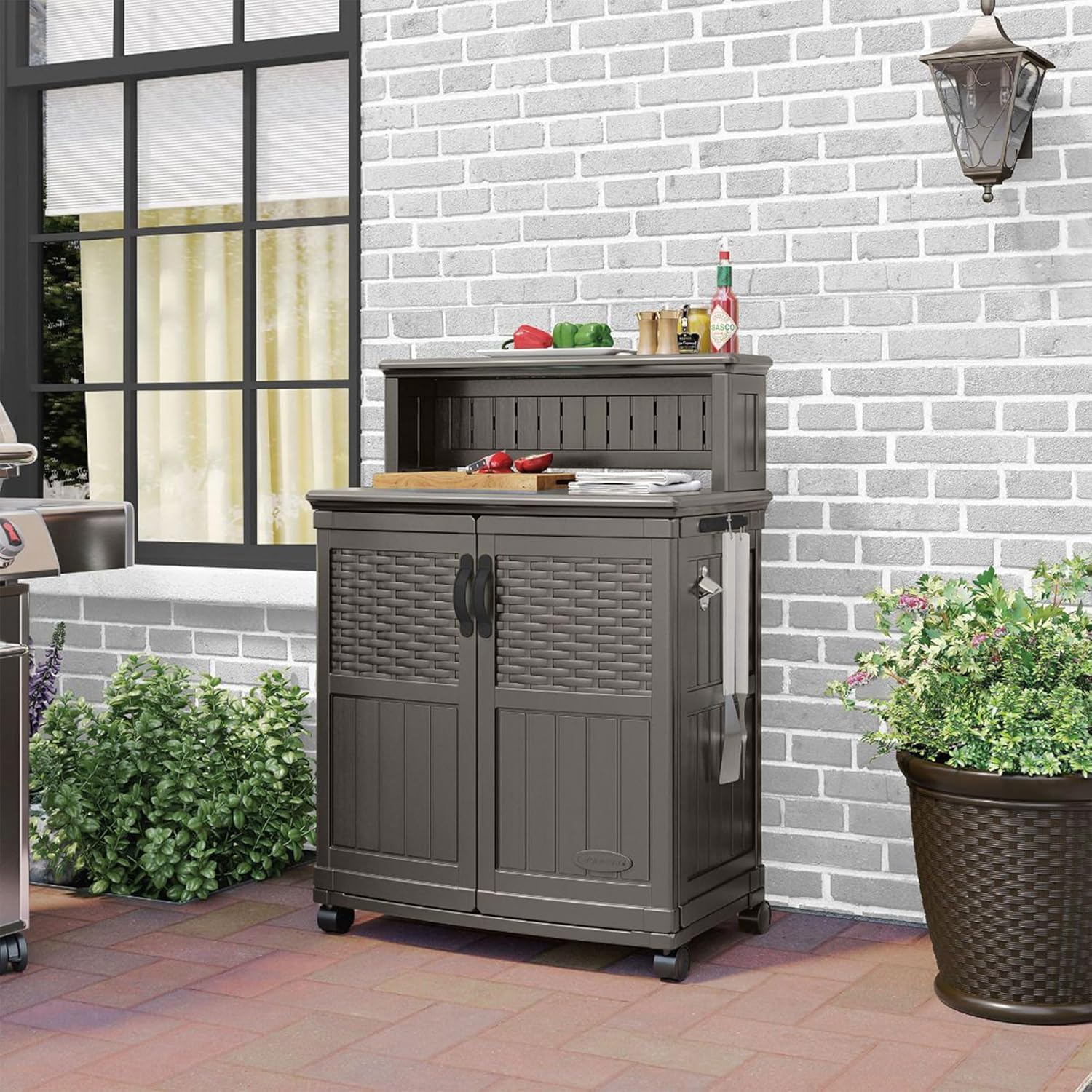 Suncast Patio Plastic Storage and Prep Station with Decorative Wicker Pattern and Multi Wall Panels for Patio, Garden, and Lawn Use, Stoney Gray Suncast Patio Plastic Storage and Prep Station with Decorative Wicker Pattern and Multi Wall Panels for Patio, Garden, and Lawn Use, Stoney Gray - Image 2