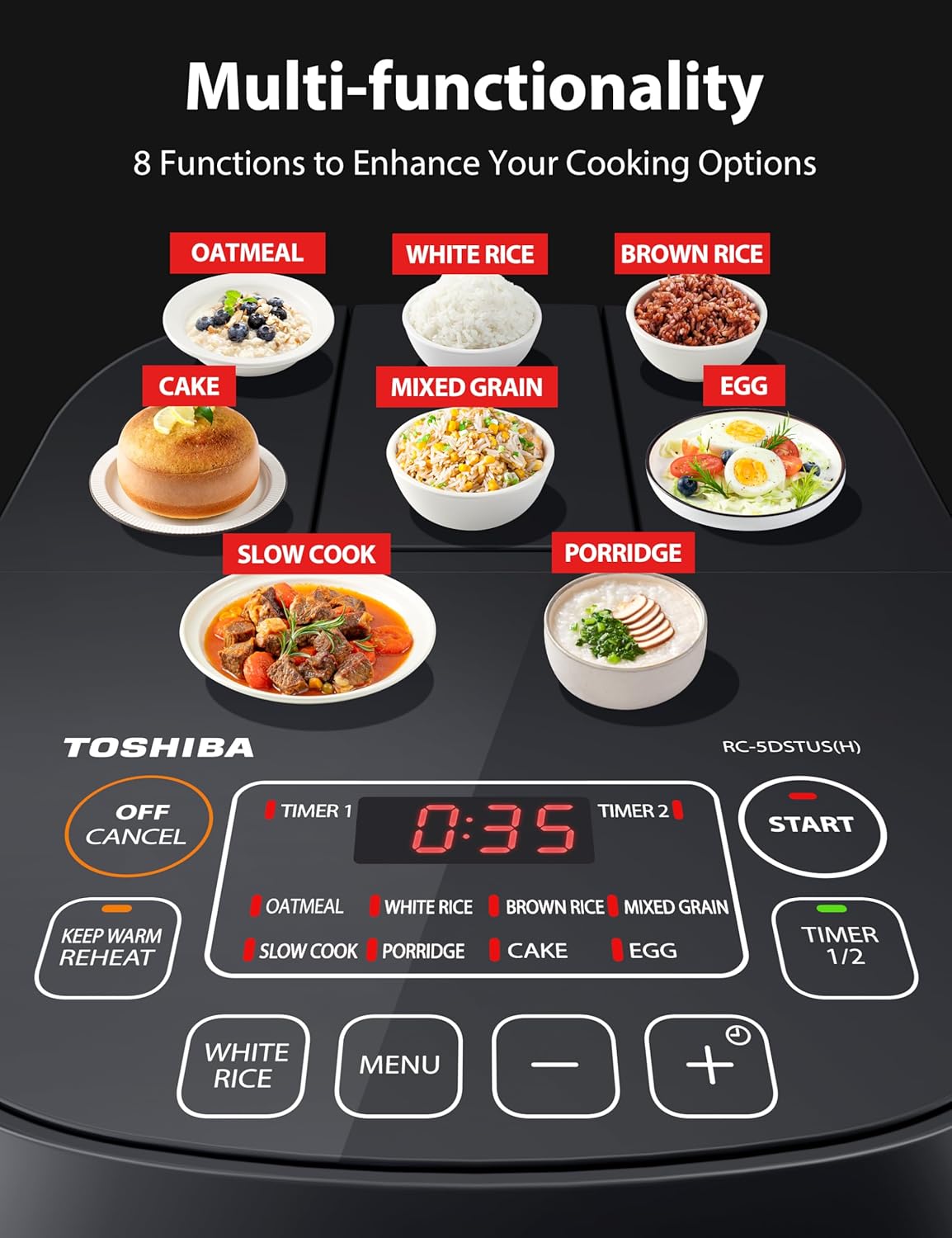 TOSHIBA Small Rice Cooker, 3-Cup Uncooked, for 1-3 People, LCD Display, 8 Cooking Functions, Nonstick Inner Pot, Grey TOSHIBA Small Rice Cooker, 3-Cup Uncooked, for 1-3 People, LCD Display, 8 Cooking Functions, Nonstick Inner Pot, Grey - Image 3