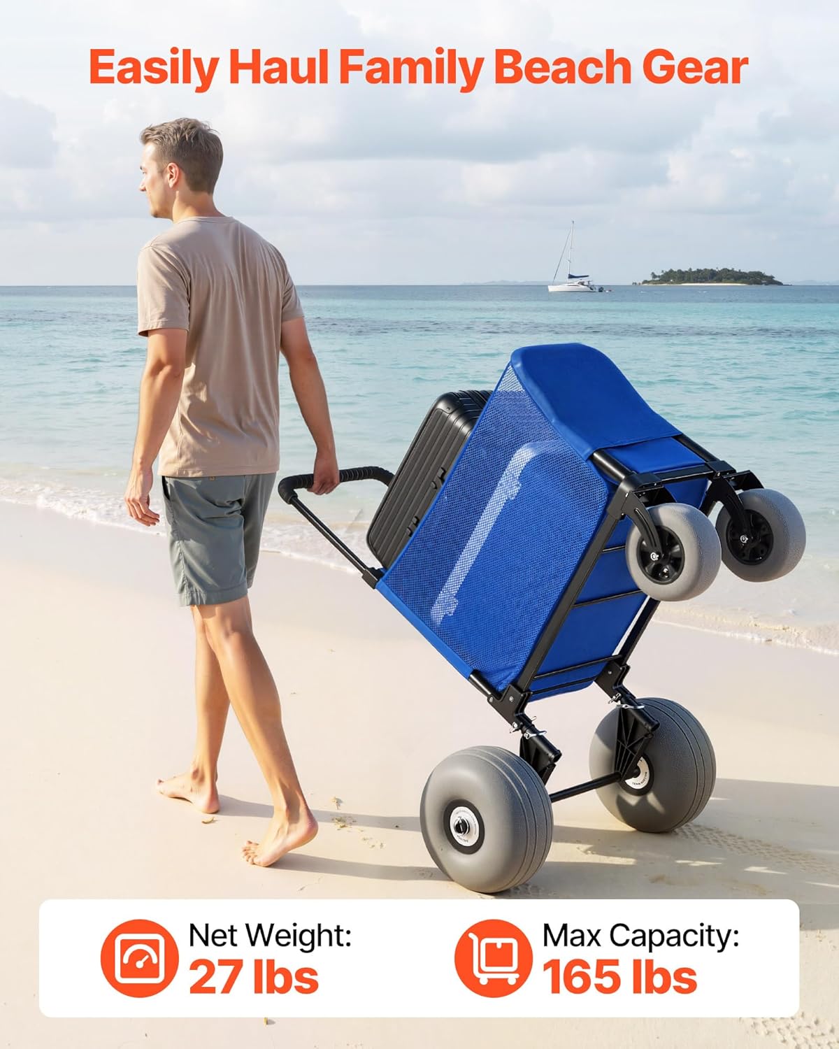 VEVOR Beach Cart, 165LBS Load Capacity, Portable Folding Beach Wagon Dolly with 12" Balloon Wheels for Sand, Storage Bag & 4-Level Adjustable Height for Outdoor Camping Fishing VEVOR Beach Cart, 165LBS Load Capacity, Portable Folding Beach Wagon Dolly with 12" Balloon Wheels for Sand, Storage Bag & 4-Level Adjustable Height for Outdoor Camping Fishing - Image 2