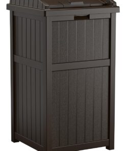 Suncast 33 Gallon Durable Resin Hideaway Outdoor Garbage Can with Secure Lid and Wicker Design for Home Backyards, Decks, or Patios, Java Brown