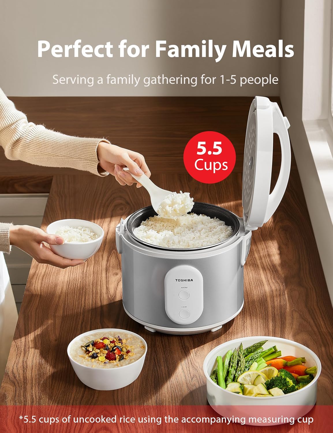 TOSHIBA Rice Cooker & Steamer Simple 5.5 Cup(Uncooked) with Steaming Basket, Removable Non-Stick Inner Pot & Inner Lid, for Soups, Stews, Grains&Oatmeal, One Touch&Keep Warm Function, Silvery White TOSHIBA Rice Cooker & Steamer Simple 5.5 Cup(Uncooked) with Steaming Basket, Removable Non-Stick Inner Pot & Inner Lid, for Soups, Stews, Grains&Oatmeal, One Touch&Keep Warm Function, Silvery White - Image 5