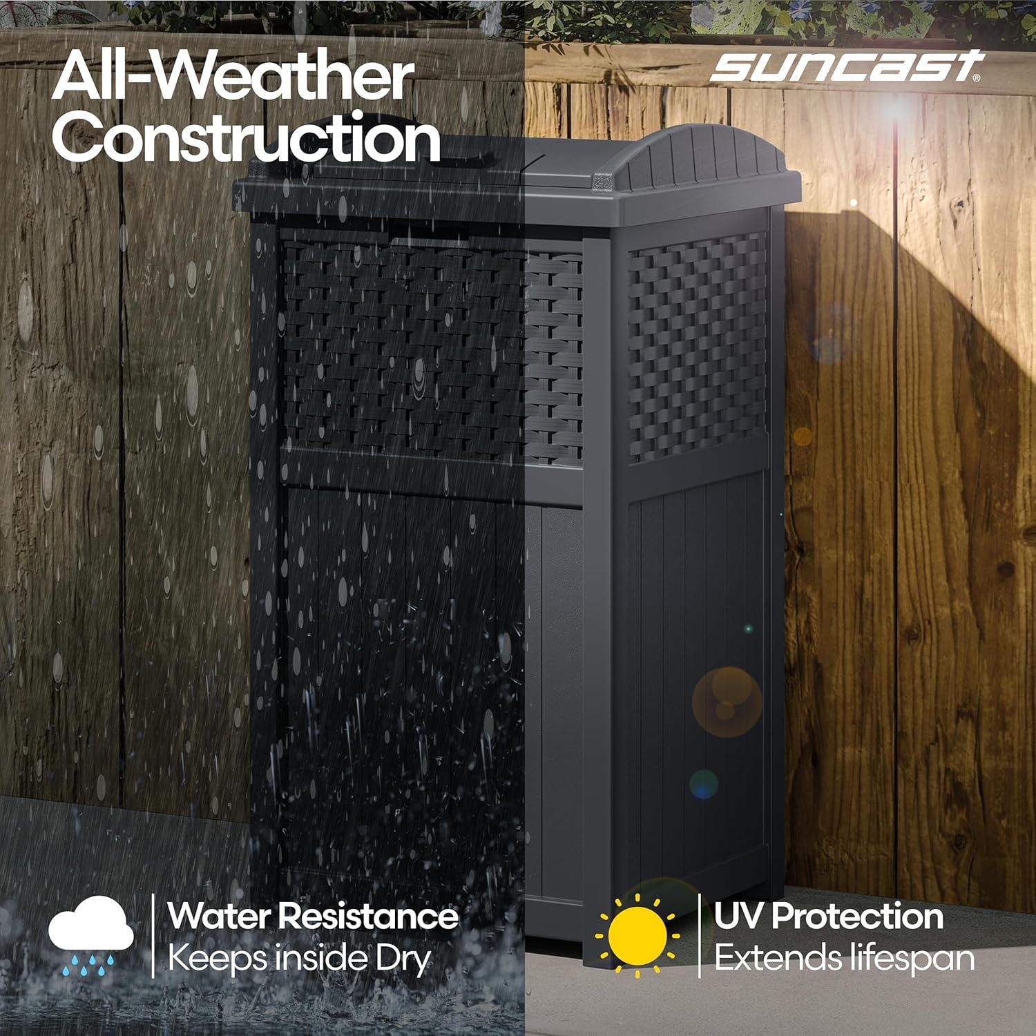 Suncast 33 Gallon Wicker-Style Hideaway Trash Can with Secure Latching Lid and Weather-Resistant Construction for Patio, Cyberspace Grey, Made in the USA Suncast 33 Gallon Wicker-Style Hideaway Trash Can with Secure Latching Lid and Weather-Resistant Construction for Patio, Cyberspace Grey, Made in the USA - Image 7