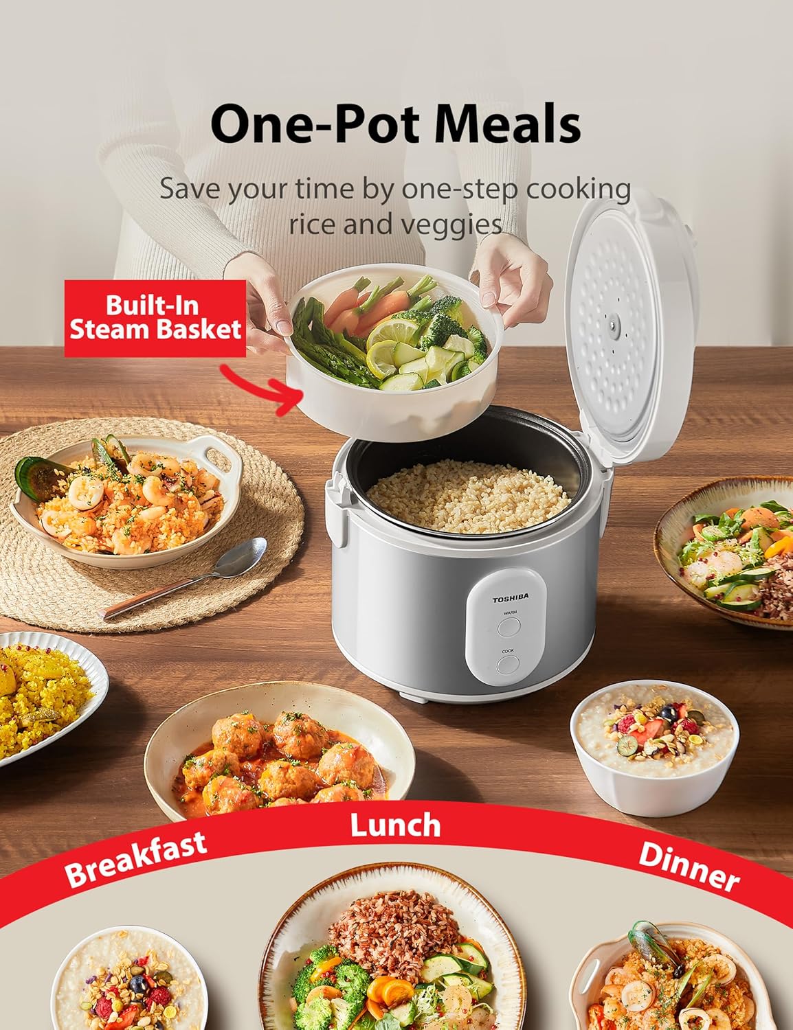 TOSHIBA Rice Cooker & Steamer Simple 5.5 Cup(Uncooked) with Steaming Basket, Removable Non-Stick Inner Pot & Inner Lid, for Soups, Stews, Grains&Oatmeal, One Touch&Keep Warm Function, Silvery White TOSHIBA Rice Cooker & Steamer Simple 5.5 Cup(Uncooked) with Steaming Basket, Removable Non-Stick Inner Pot & Inner Lid, for Soups, Stews, Grains&Oatmeal, One Touch&Keep Warm Function, Silvery White - Image 4