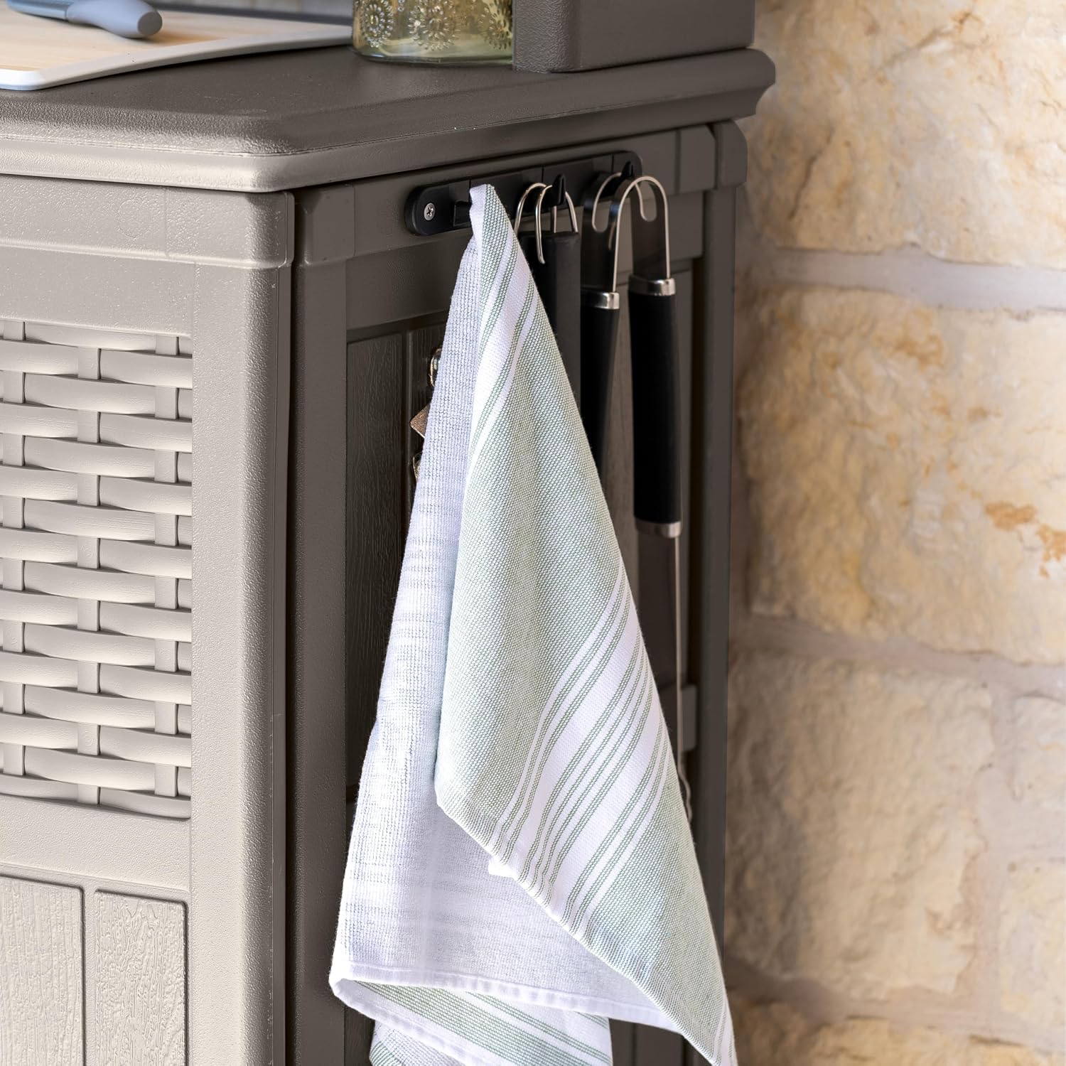 Suncast Patio Plastic Storage and Prep Station with Decorative Wicker Pattern and Multi Wall Panels for Patio, Garden, and Lawn Use, Stoney Gray Suncast Patio Plastic Storage and Prep Station with Decorative Wicker Pattern and Multi Wall Panels for Patio, Garden, and Lawn Use, Stoney Gray - Image 13
