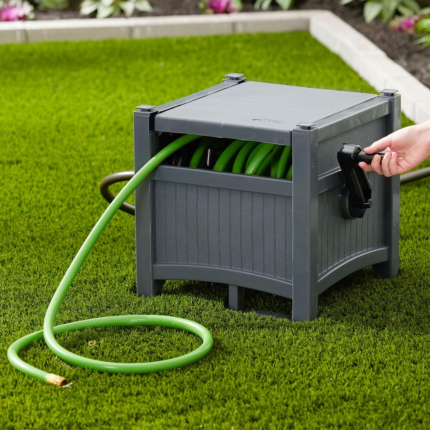 Suncast Garden Hose Hideaway Storage Reel Box, Cyberspace Grey – Resin Outdoor Container, Holds up to 100 Feet of 5/8 Inch Standard Vinyl Water Line – No Assembly Required Suncast Garden Hose Hideaway Storage Reel Box, Cyberspace Grey – Resin Outdoor Container, Holds up to 100 Feet of 5/8 Inch Standard Vinyl Water Line – No Assembly Required - Image 6