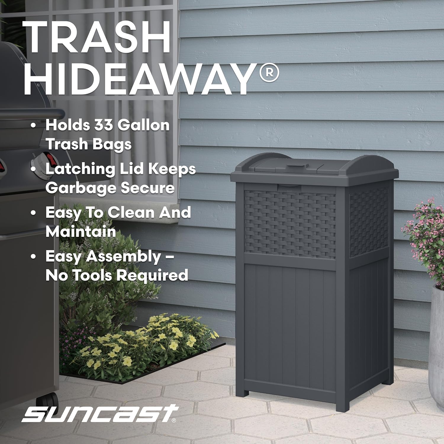 Suncast 33 Gallon Wicker-Style Hideaway Trash Can with Secure Latching Lid and Weather-Resistant Construction for Patio, Cyberspace Grey, Made in the USA Suncast 33 Gallon Wicker-Style Hideaway Trash Can with Secure Latching Lid and Weather-Resistant Construction for Patio, Cyberspace Grey, Made in the USA - Image 2