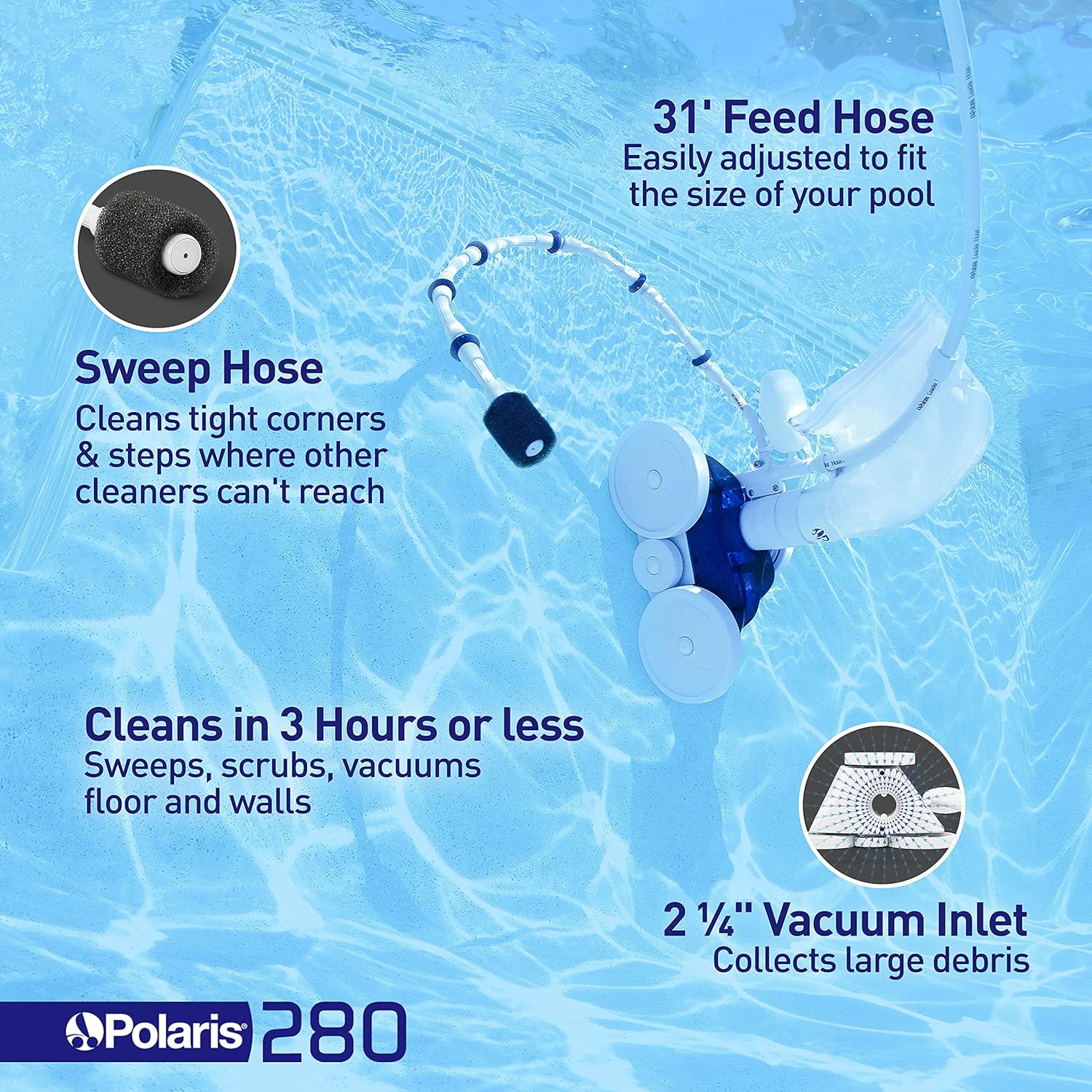 Polaris Vac-Sweep 280 Pressure-Side In-ground Pool Cleaner, Double Venturi Jet Powered, 31ft of Hose with an All Purpose Debris Bag Polaris Vac-Sweep 280 Pressure-Side In-ground Pool Cleaner, Double Venturi Jet Powered, 31ft of Hose with an All Purpose Debris Bag - Image 3