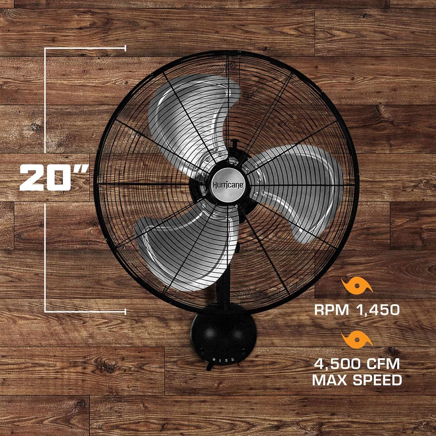 Hurricane Pro High Velocity Oscillating Metal Wall Mount Fan w/ 3 Speeds, Black, 20" - Corded Electric Air Cooling Unit w/ Powerful 4500 CFM Airflow for Home, Garage, Gym, Workshop & Greenhouse Hurricane Pro High Velocity Oscillating Metal Wall Mount Fan w/ 3 Speeds, Black, 20" - Corded Electric Air Cooling Unit w/ Powerful 4500 CFM Airflow for Home, Garage, Gym, Workshop & Greenhouse - Image 2