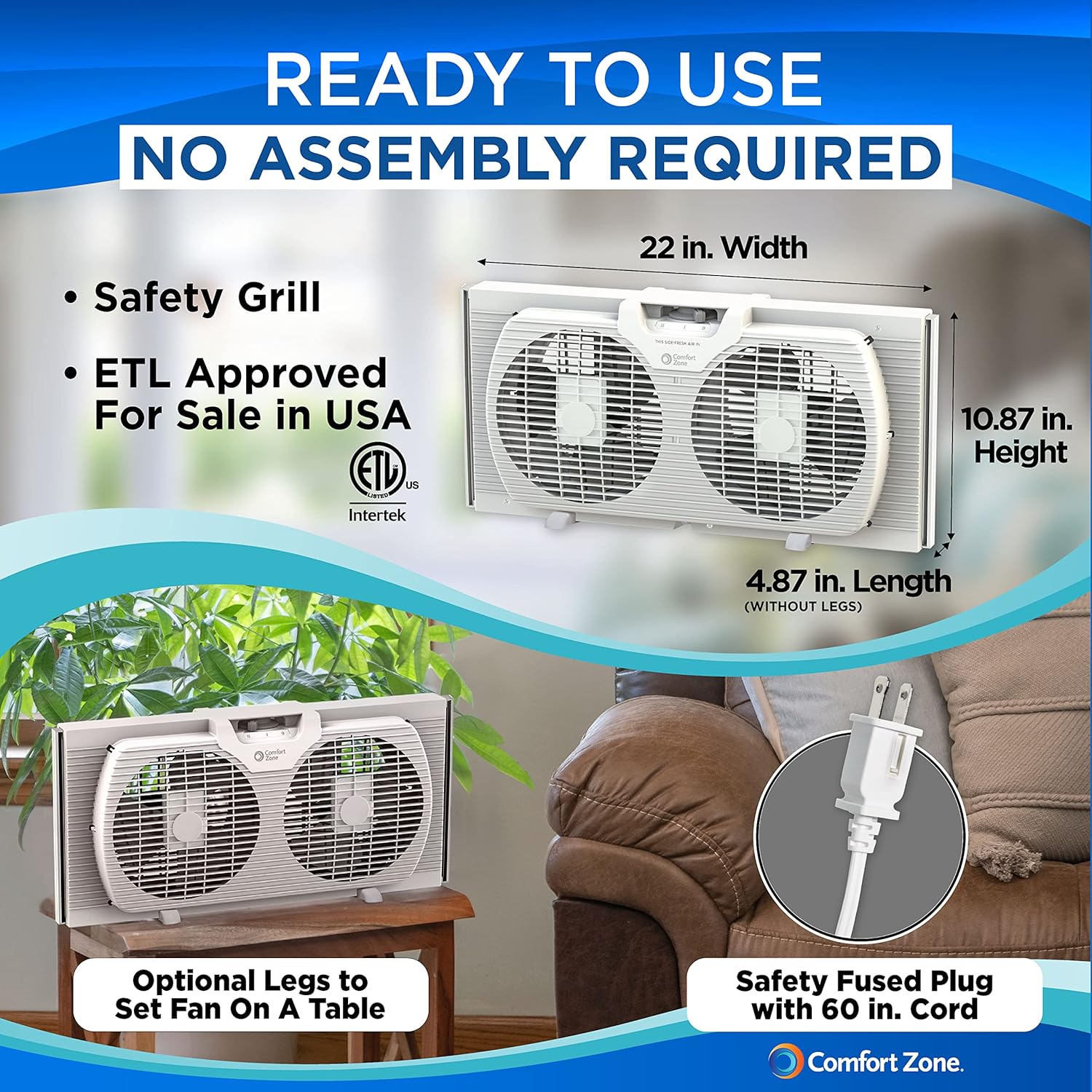 Comfort Zone Twin Window Fan with Reversible Airflow Control, 9 inch, Auto-Locking Expanders, 2 Speed Fan, Dual Fan, Exhaust, Airflow 9.84 ft/sec, Ideal for Home, Kitchen, Bedroom & Office, CZ319WT Comfort Zone Twin Window Fan with Reversible Airflow Control, 9 inch, Auto-Locking Expanders, 2 Speed Fan, Dual Fan, Exhaust, Airflow 9.84 ft/sec, Ideal for Home, Kitchen, Bedroom & Office, CZ319WT - Image 6