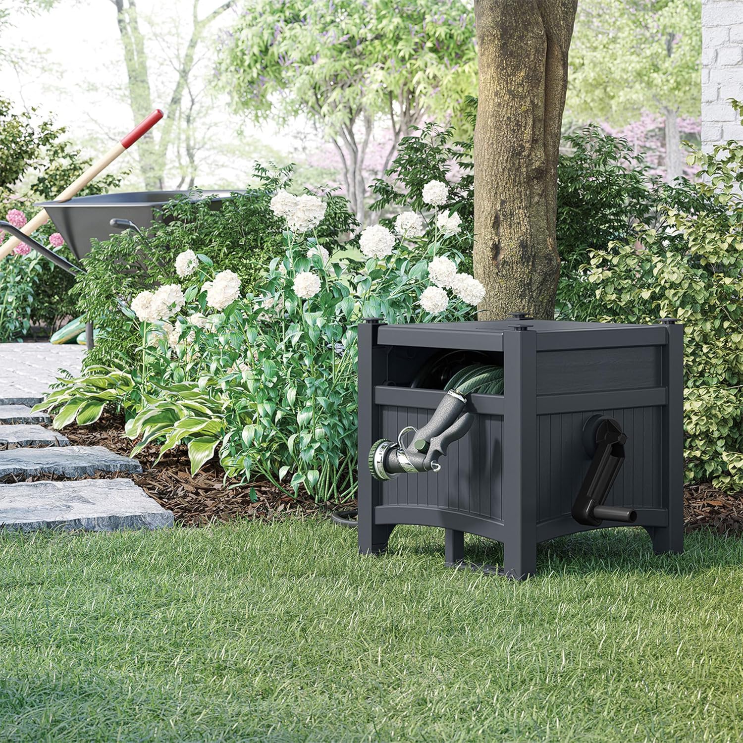 Suncast Garden Hose Hideaway Storage Reel Box, Cyberspace Grey – Resin Outdoor Container, Holds up to 100 Feet of 5/8 Inch Standard Vinyl Water Line – No Assembly Required Suncast Garden Hose Hideaway Storage Reel Box, Cyberspace Grey – Resin Outdoor Container, Holds up to 100 Feet of 5/8 Inch Standard Vinyl Water Line – No Assembly Required - Image 4