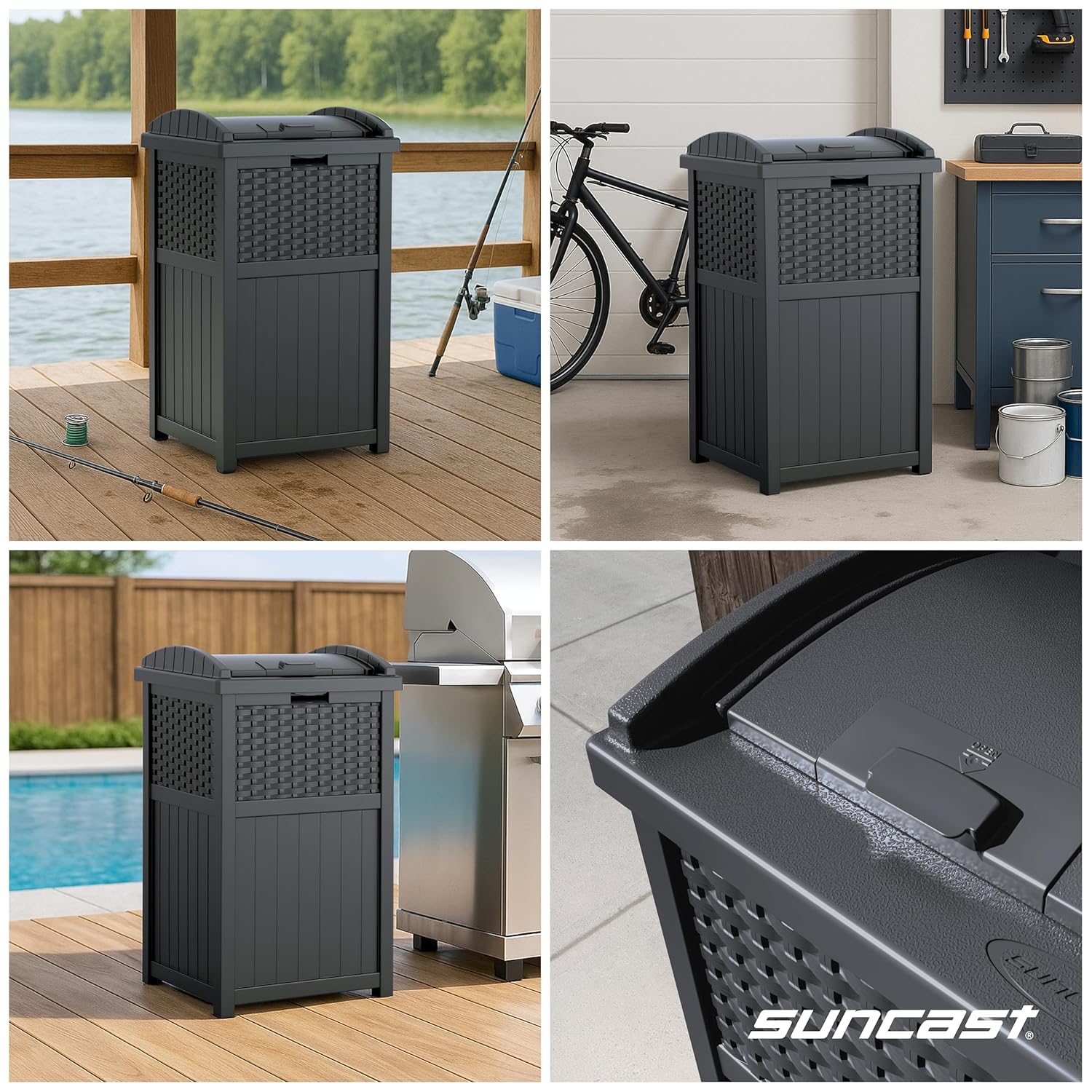 Suncast 33 Gallon Wicker-Style Hideaway Trash Can with Secure Latching Lid and Weather-Resistant Construction for Patio, Cyberspace Grey, Made in the USA Suncast 33 Gallon Wicker-Style Hideaway Trash Can with Secure Latching Lid and Weather-Resistant Construction for Patio, Cyberspace Grey, Made in the USA - Image 4