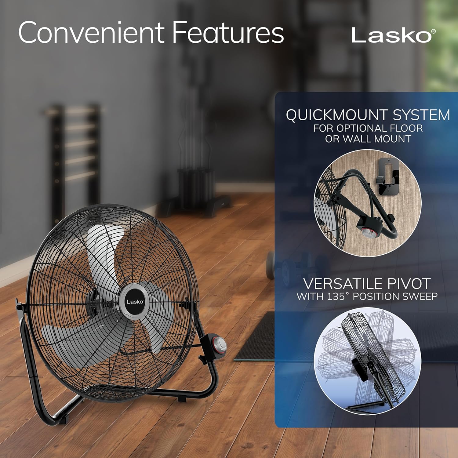 Lasko 20" Black High Velocity Wall Mount Fan with Pivoting Head - 3 Speeds, Ideal Wall Mount Fan or Floor Fans for Home, Garage, Attic, 2264QM Lasko 20" Black High Velocity Wall Mount Fan with Pivoting Head - 3 Speeds, Ideal Wall Mount Fan or Floor Fans for Home, Garage, Attic, 2264QM - Image 5