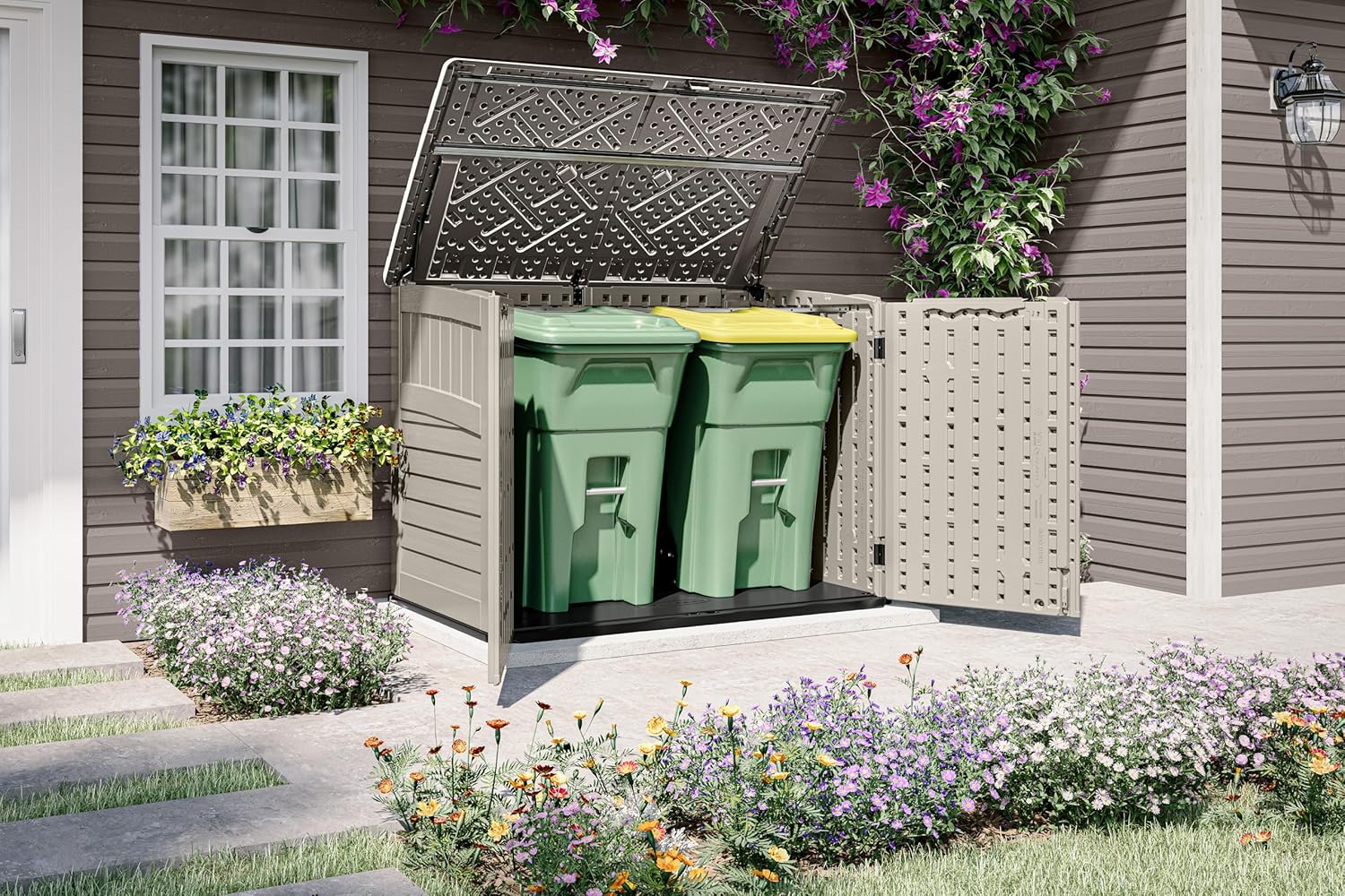 Suncast 5.9 ft. x 3.7 ft Horizontal Stow-Away Storage Shed - Natural Wood-Like Outdoor Storage for Trash Cans and Yard Tools - All-Weather Resin, Hinged Lid, Reinforced Floor - Made in the USA Suncast 5.9 ft. x 3.7 ft Horizontal Stow-Away Storage Shed - Natural Wood-Like Outdoor Storage for Trash Cans and Yard Tools - All-Weather Resin, Hinged Lid, Reinforced Floor - Made in the USA - Image 3