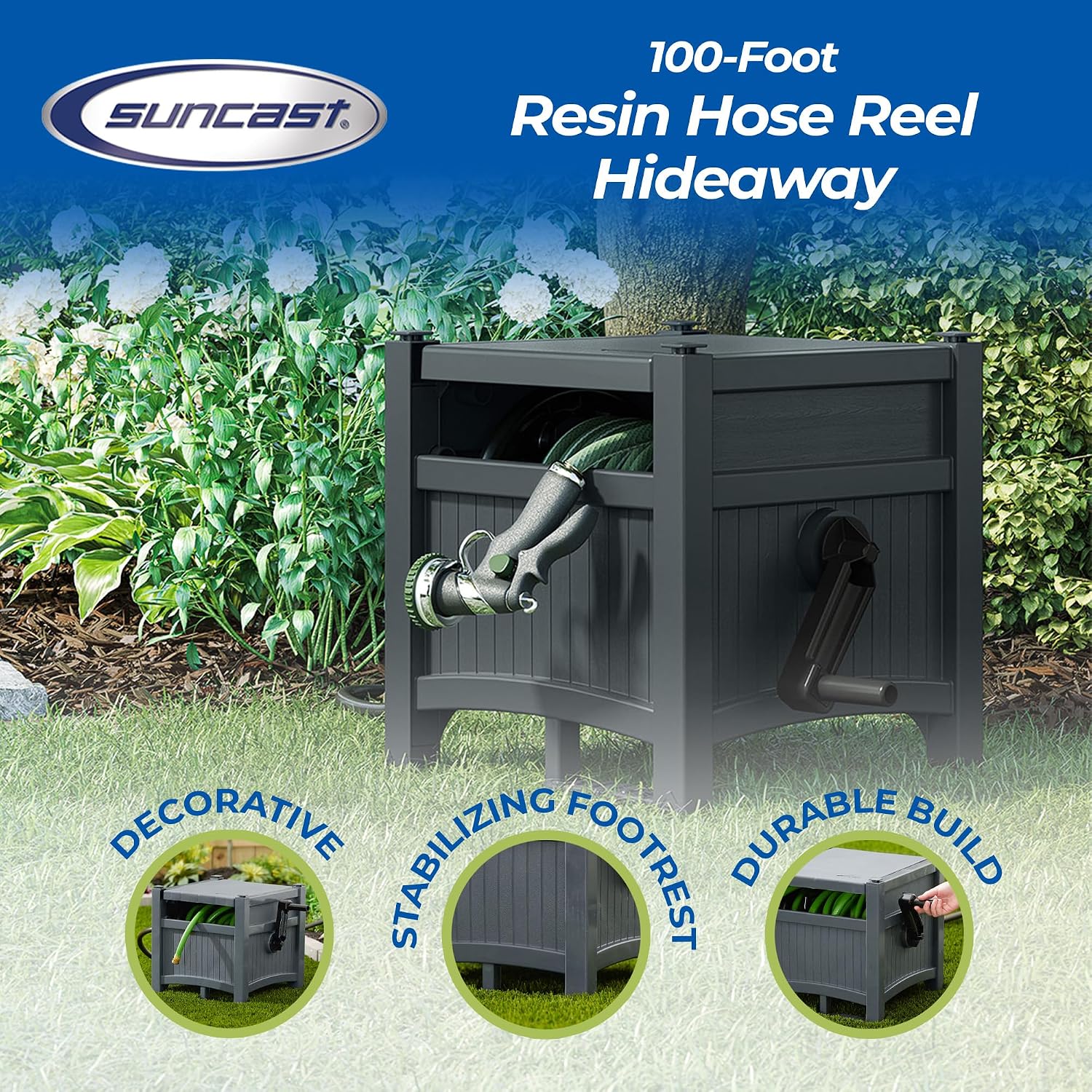 Suncast Garden Hose Hideaway Storage Reel Box, Cyberspace Grey – Resin Outdoor Container, Holds up to 100 Feet of 5/8 Inch Standard Vinyl Water Line – No Assembly Required Suncast Garden Hose Hideaway Storage Reel Box, Cyberspace Grey – Resin Outdoor Container, Holds up to 100 Feet of 5/8 Inch Standard Vinyl Water Line – No Assembly Required - Image 3
