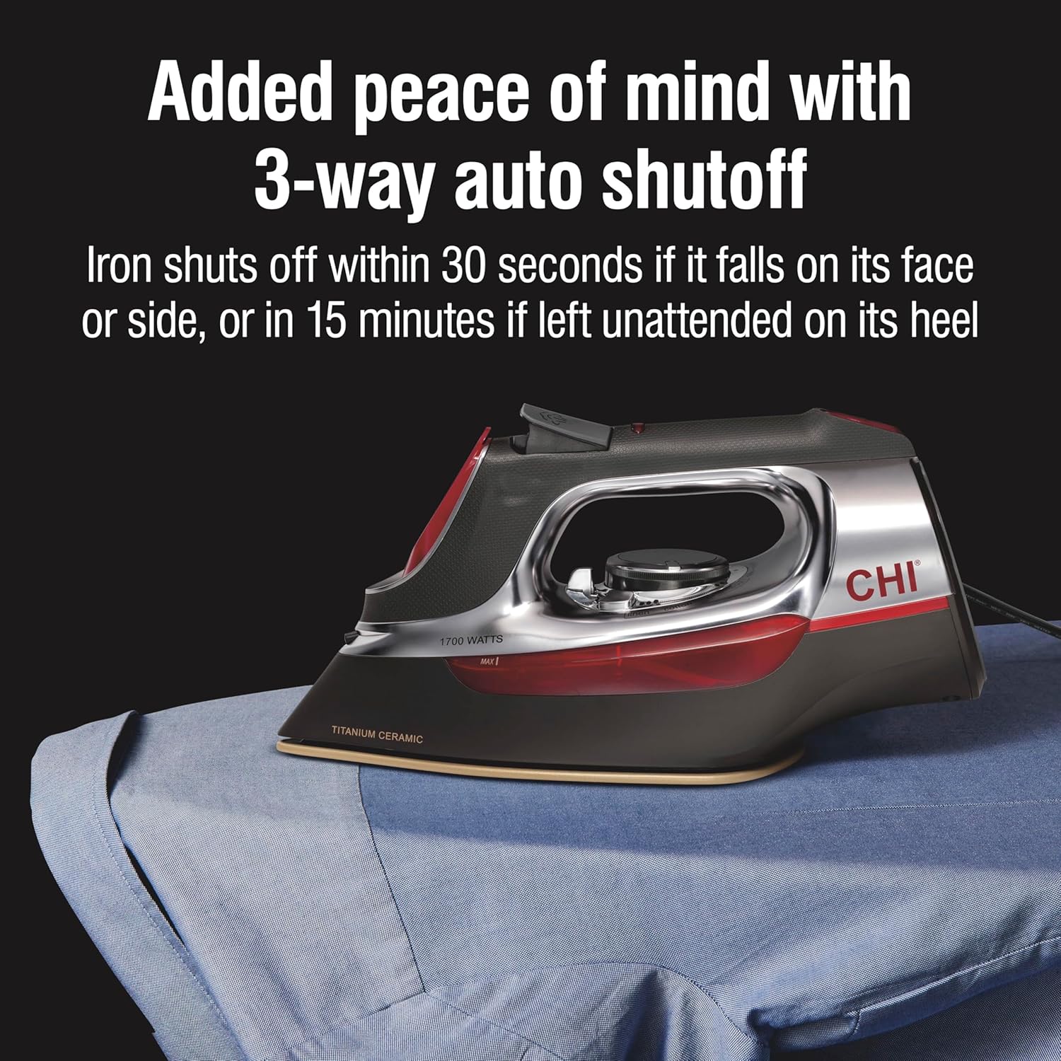 CHI Steam Iron for Clothes with Vertical Steam Burst, Professional Grade, Titanium Ceramic Soleplate, 400+ Steam Holes, 1700 Watts, 3-Way Auto Shutoff, 8' Cord CHI Steam Iron for Clothes with Vertical Steam Burst, Professional Grade, Titanium Ceramic Soleplate, 400+ Steam Holes, 1700 Watts, 3-Way Auto Shutoff, 8' Cord - Image 7