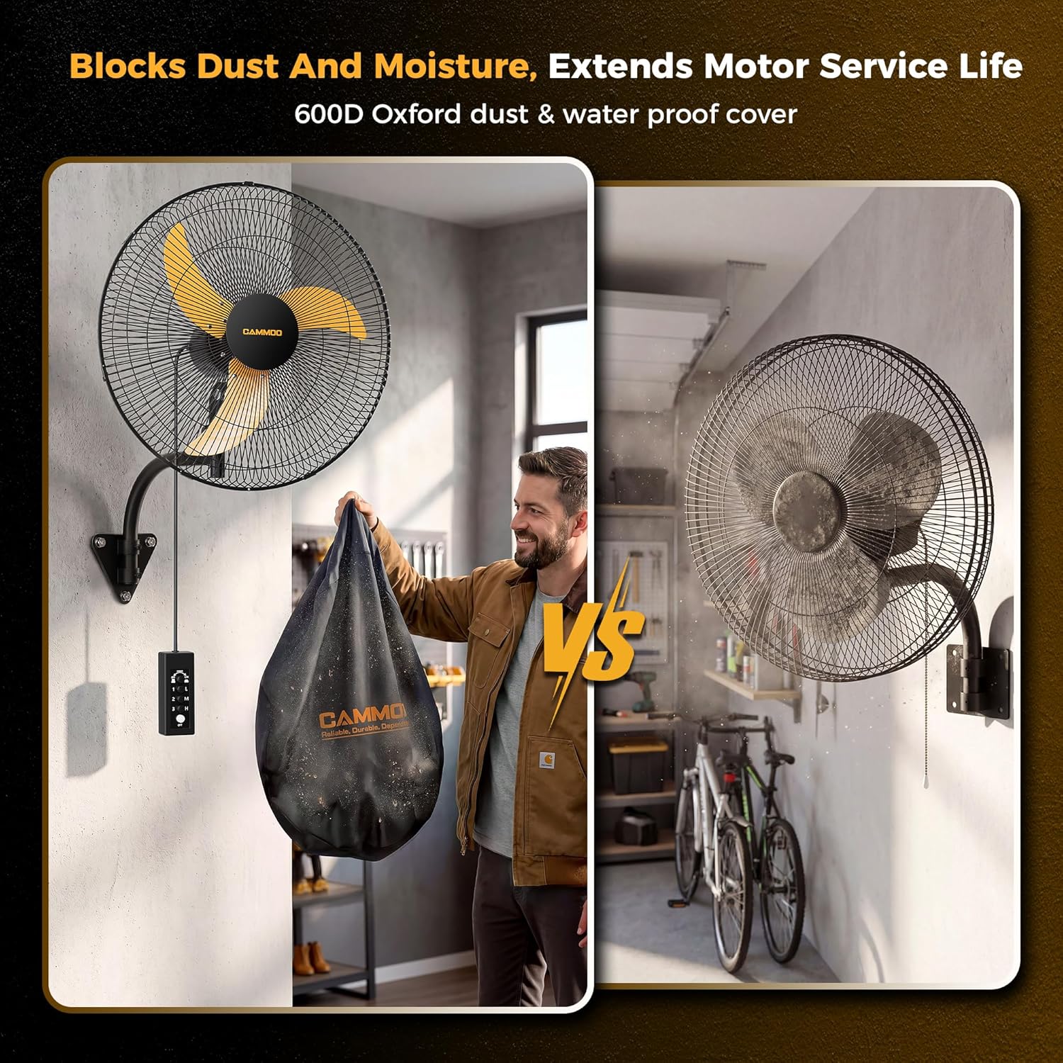 CAMMOO 20 Inch Wall Mount Fan Oscillating, 600D Oxford Cover & Wired Remote | Extended 3.3ft Wired Remote & 6.6ft Power Cord Wall Fan, 3-Speed High Velocity Wall Mounted Fan, for Garage, Workshop CAMMOO 20 Inch Wall Mount Fan Oscillating, 600D Oxford Cover & Wired Remote | Extended 3.3ft Wired Remote & 6.6ft Power Cord Wall Fan, 3-Speed High Velocity Wall Mounted Fan, for Garage, Workshop - Image 3