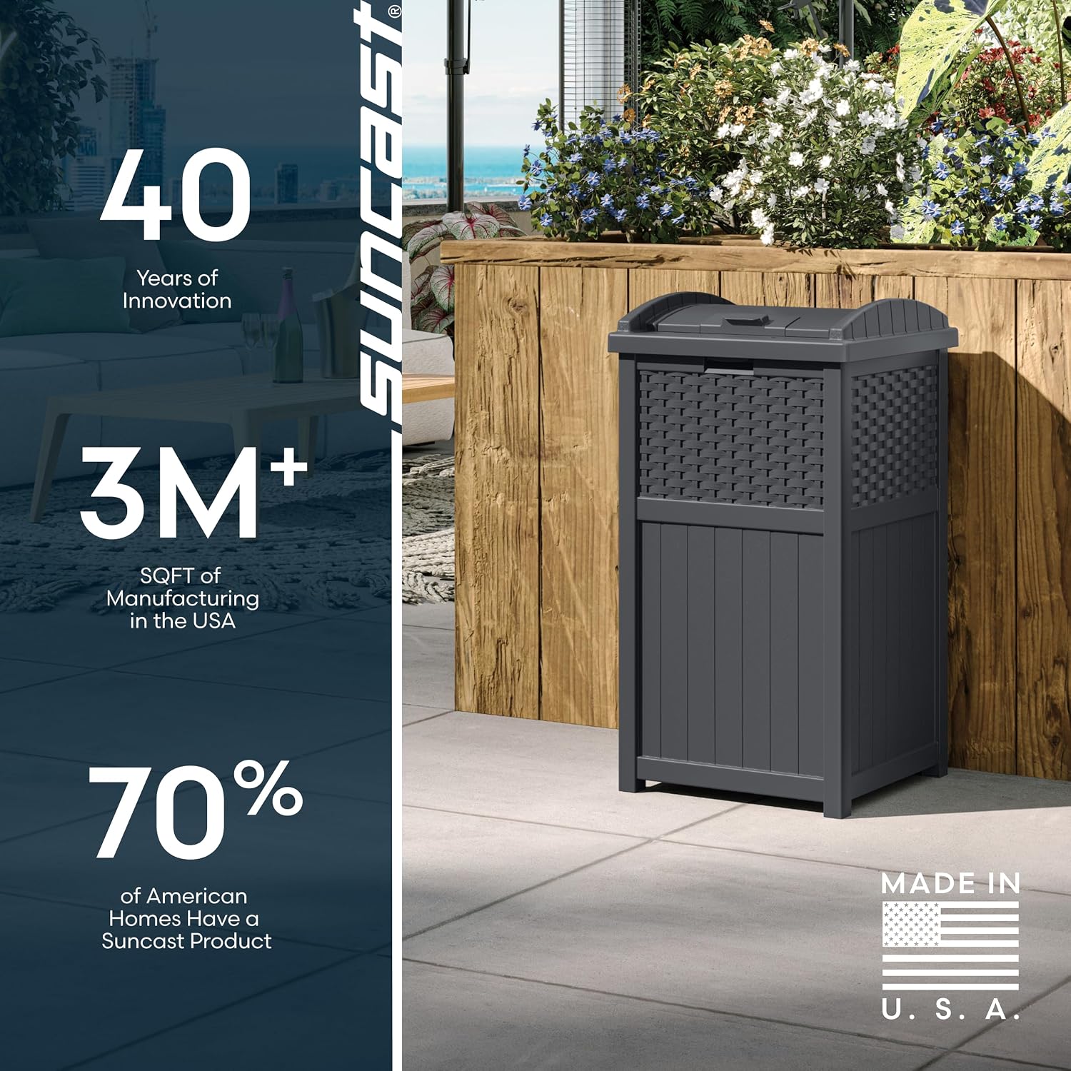 Suncast 33 Gallon Wicker-Style Hideaway Trash Can with Secure Latching Lid and Weather-Resistant Construction for Patio, Cyberspace Grey, Made in the USA Suncast 33 Gallon Wicker-Style Hideaway Trash Can with Secure Latching Lid and Weather-Resistant Construction for Patio, Cyberspace Grey, Made in the USA - Image 9