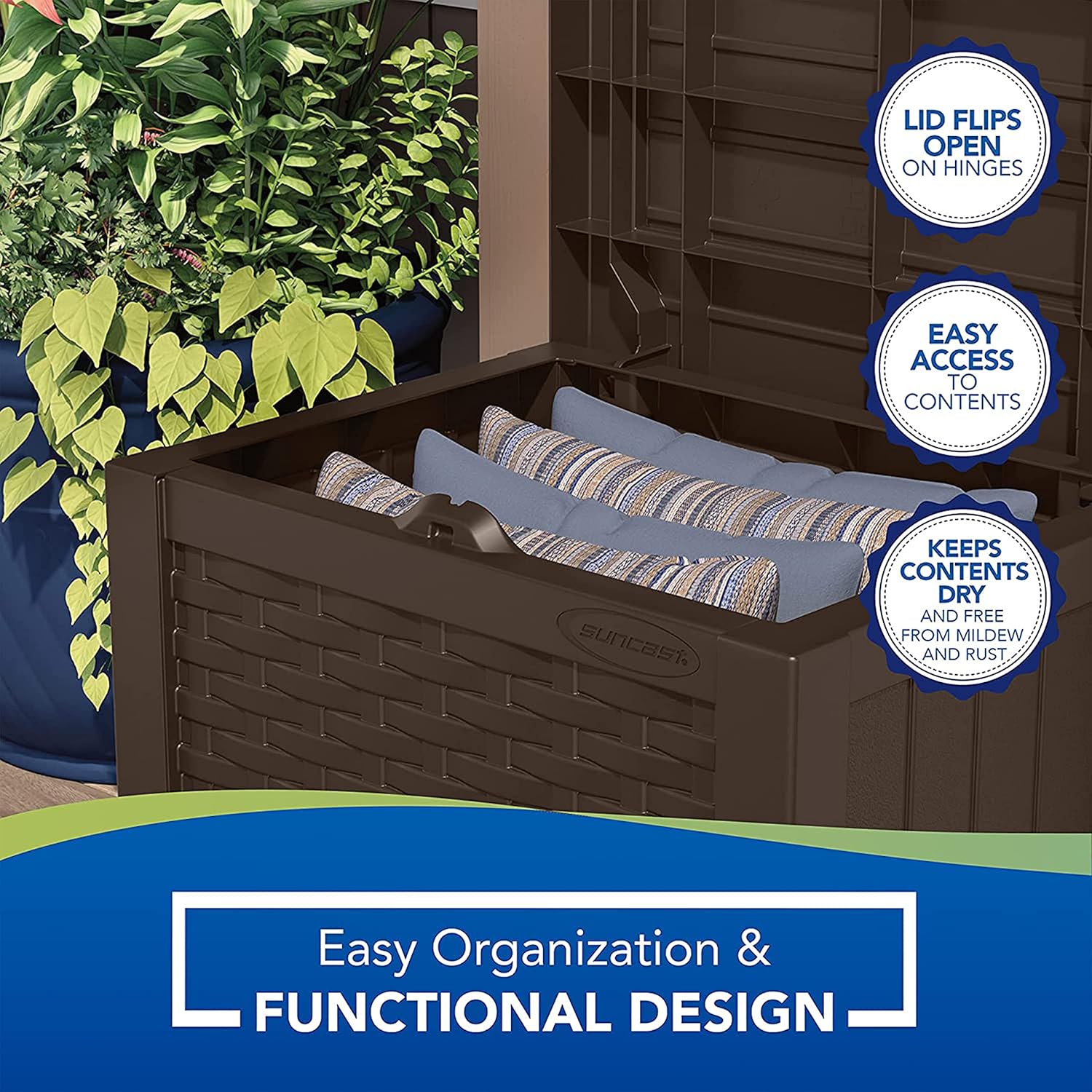 Suncast Small Outdoor Storage Box - 22 Gallon Java Resin Outdoor Deck Box, Flat-Lid Bench Seating, Patio Storage Bin Container for Organizing Tools, Cushions for Porch, Deck, Pool, & Garden Suncast Small Outdoor Storage Box - 22 Gallon Java Resin Outdoor Deck Box, Flat-Lid Bench Seating, Patio Storage Bin Container for Organizing Tools, Cushions for Porch, Deck, Pool, & Garden - Image 5