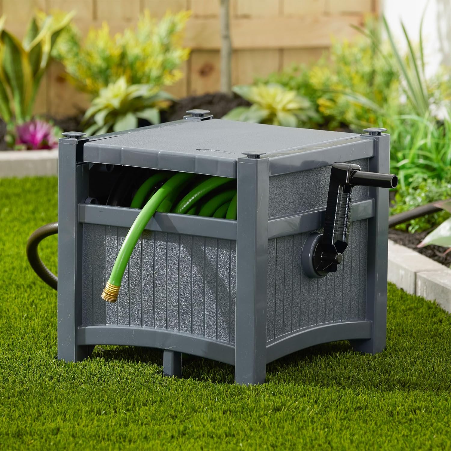 Suncast Garden Hose Hideaway Storage Reel Box, Cyberspace Grey – Resin Outdoor Container, Holds up to 100 Feet of 5/8 Inch Standard Vinyl Water Line – No Assembly Required Suncast Garden Hose Hideaway Storage Reel Box, Cyberspace Grey – Resin Outdoor Container, Holds up to 100 Feet of 5/8 Inch Standard Vinyl Water Line – No Assembly Required - Image 5
