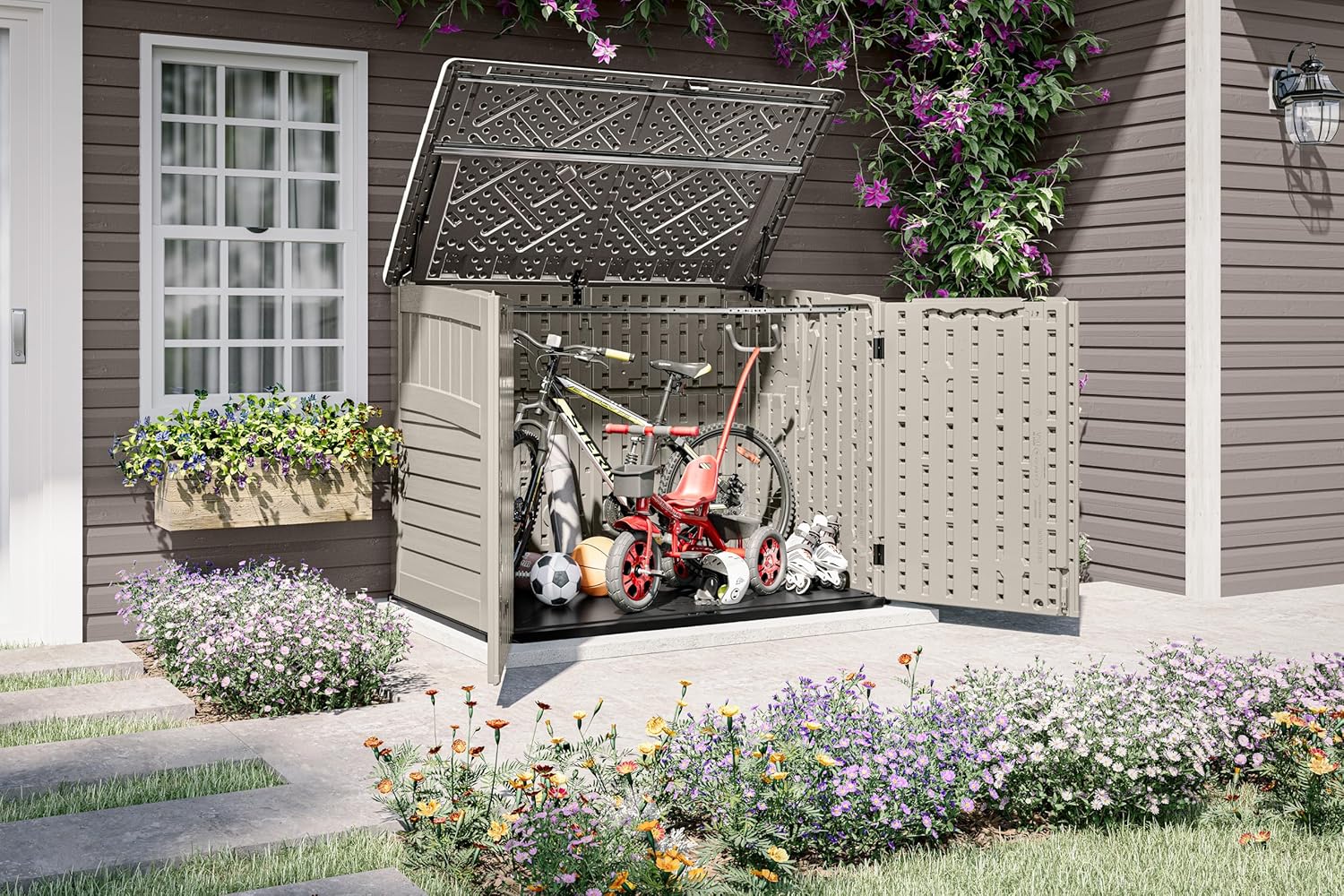 Suncast 5.9 ft. x 3.7 ft Horizontal Stow-Away Storage Shed - Natural Wood-Like Outdoor Storage for Trash Cans and Yard Tools - All-Weather Resin, Hinged Lid, Reinforced Floor - Made in the USA Suncast 5.9 ft. x 3.7 ft Horizontal Stow-Away Storage Shed - Natural Wood-Like Outdoor Storage for Trash Cans and Yard Tools - All-Weather Resin, Hinged Lid, Reinforced Floor - Made in the USA - Image 2