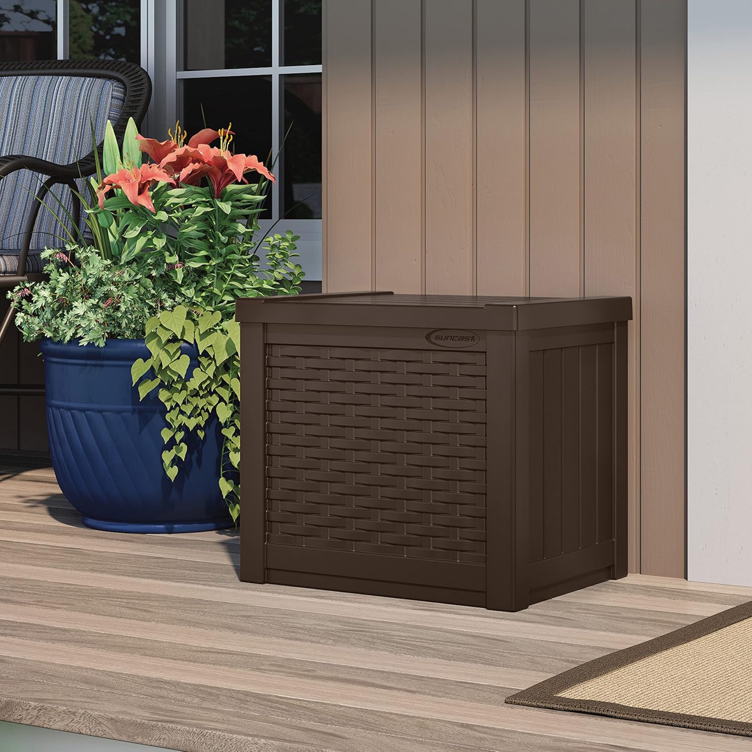 Suncast Small Outdoor Storage Box - 22 Gallon Java Resin Outdoor Deck Box, Flat-Lid Bench Seating, Patio Storage Bin Container for Organizing Tools, Cushions for Porch, Deck, Pool, & Garden Suncast Small Outdoor Storage Box - 22 Gallon Java Resin Outdoor Deck Box, Flat-Lid Bench Seating, Patio Storage Bin Container for Organizing Tools, Cushions for Porch, Deck, Pool, & Garden - Image 2