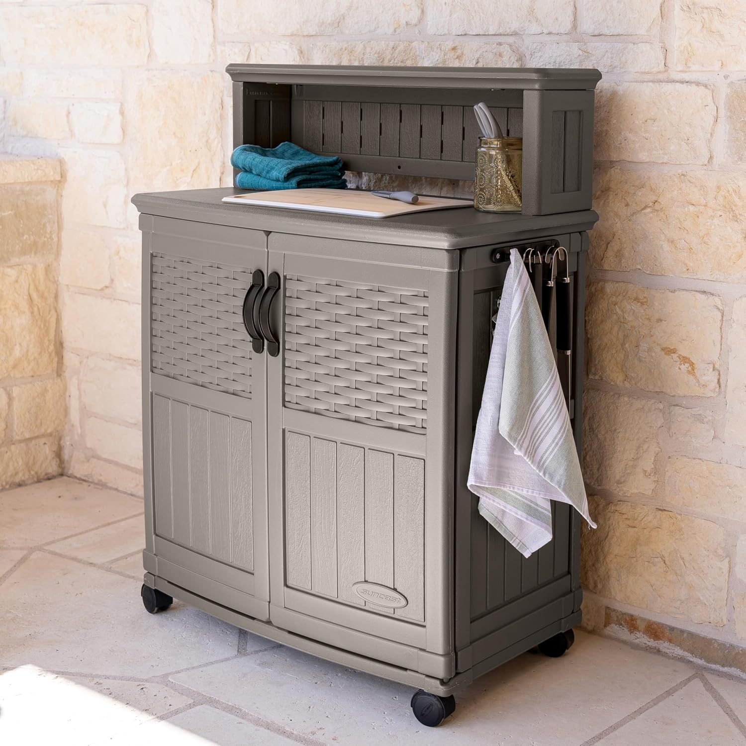 Suncast Patio Plastic Storage and Prep Station with Decorative Wicker Pattern and Multi Wall Panels for Patio, Garden, and Lawn Use, Stoney Gray Suncast Patio Plastic Storage and Prep Station with Decorative Wicker Pattern and Multi Wall Panels for Patio, Garden, and Lawn Use, Stoney Gray - Image 12