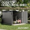 Suncast Glidetop 98 Cubic Foot Horizontal Shed Storage, Outdoor Waterproof Resin Floor Home Patio Deck Box for Garden and Tools, Dove Gray