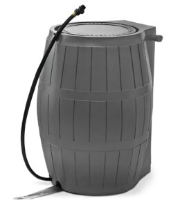 FCMP Outdoor Raincatcher 4000, Flat-Back Rain Water Barrel, 50-Gallon, Gray - Rainwater Collection Storage Container w/Side Spigots, Mesh Screen, Garden and Overflow Hose & Linking Kit