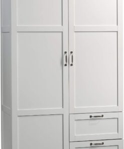 Sauder Select Multipurpose Bedroom Armoire Wardrobe Closet Pantry Storage Cabinet with Storage Drawers and Hanging Rail, in Soft White finish