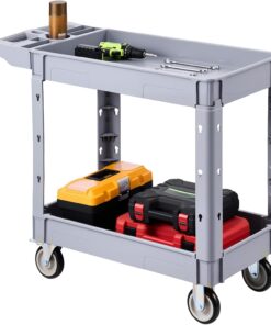 VEVOR Utility Cart, 550 lbs Capacity, 2 Tier Service Cart with 360° Swivel & Fixed Wheels (2 with Brakes), Heavy Duty Plastic Rolling with Storage Tray, Tool Storage for Garage Warehouse Workshop