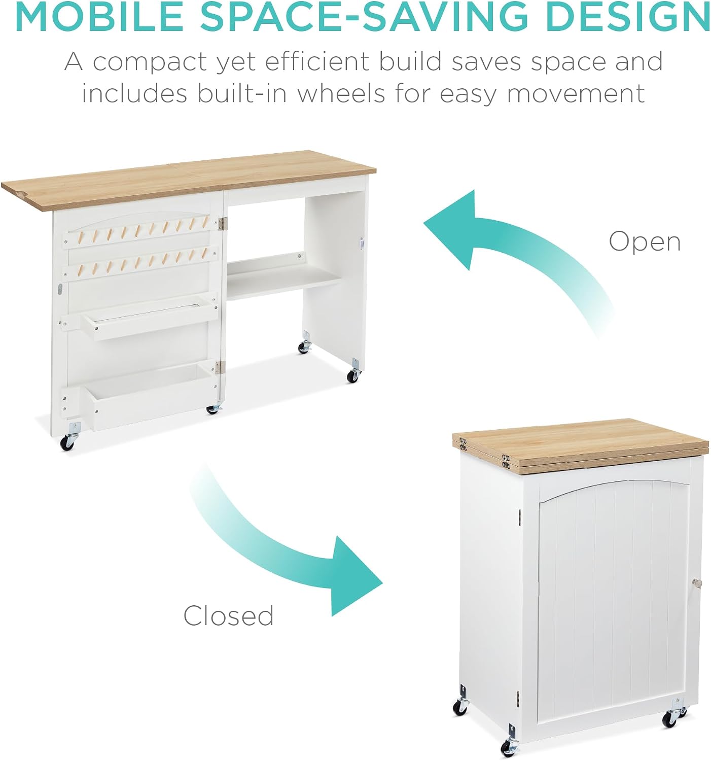 61LcR5MeFcL._AC_SL1500_.jpg Best Choice Products Folding Sewing Table Multipurpose Craft Station & Side Desk with Compact Design, Wheels, Shelves, Storage Trays, Pegs, Magnetic Doors, Metal Doorknobs - Natural/White