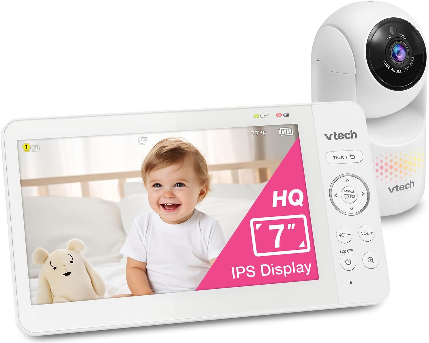 VTech Baby Monitor No WiFi, 7" IPS Screen, 5000mAh 12Hr Battery, 360° PTZ, 4X Zoom, Night Vision, Night Light, 2-Way Talk, White | Advanced HQ Max VTech Baby Monitor No WiFi, 7" IPS Screen, 5000mAh 12Hr Battery, 360° PTZ, 4X Zoom, Night Vision, Night Light, 2-Way Talk, White | Advanced HQ Max
