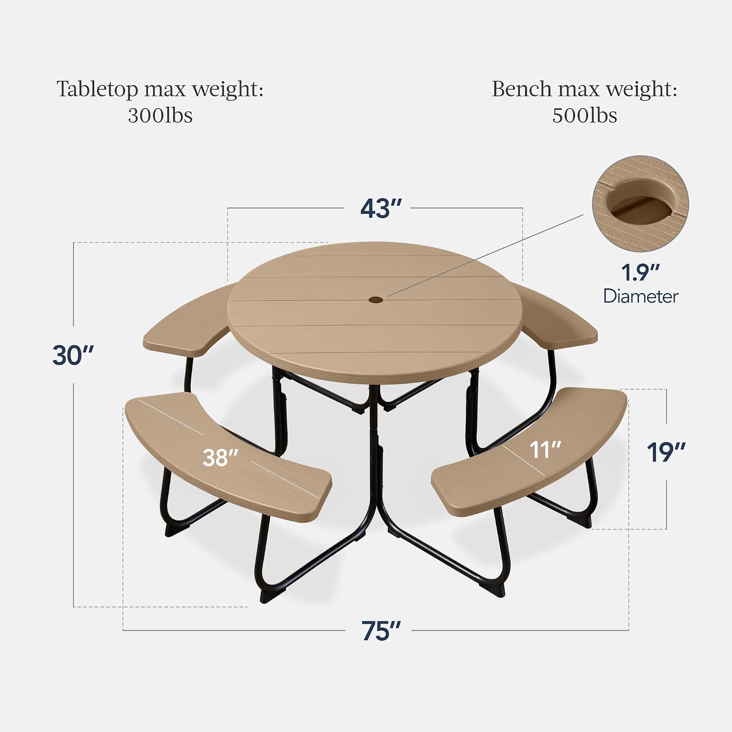 61QFTtw2pL._AC_SL1500_.jpg Best Choice Products 8-Person Outdoor Bench Patio Picnic Table, Circular w/ 4 Built-in Benches and Umbrella Hole, 2000lb Capacity - Tan