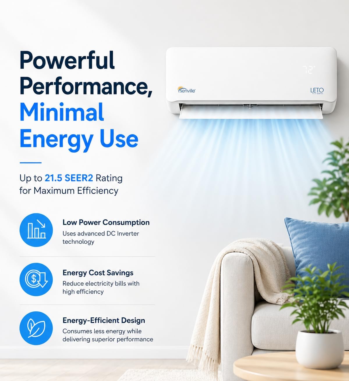 Senville LETO Mini Split Air Conditioner, Heat Pump, White, 12000 BTU | Ductless, Wall Mounted, Works with Alexa, Quiet Operation, 1 Ton, 110/120V, Energy Efficient Inverter Senville LETO Mini Split Air Conditioner, Heat Pump, White, 12000 BTU | Ductless, Wall Mounted, Works with Alexa, Quiet Operation, 1 Ton, 110/120V, Energy Efficient Inverter - Image 7