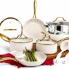 GOTHAM STEEL 15 Pc Ceramic Cookware Set, Diamond and Titanium Coated | Utensils Set Included, Non Toxic PFOA/PFOS/PTFE Free, Stay Cool Stainless Steel Handles, Dishwasher & Oven Safe, Cream